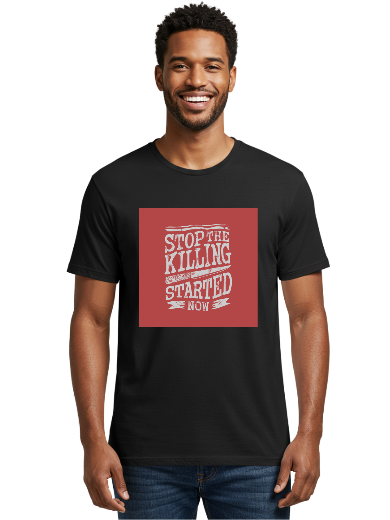 Stop-The-Killing-Started-Now Men'S Graphic Tee, 100% Cotton, Comfortable Casual Summer Wear, Machine Washable, Vegetarian Lifestyle, Animal Rights, Stop Killing, Vegan Movement, Cruelty Free, Bold Typography, Protest Art, Activist Message, Aab484