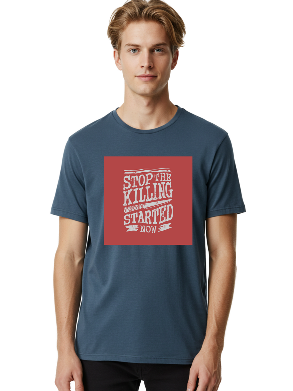 Stop-The-Killing-Started-Now Men'S Graphic Tee, 100% Cotton, Comfortable Casual Summer Wear, Machine Washable, Vegetarian Lifestyle, Animal Rights, Stop Killing, Vegan Movement, Cruelty Free, Bold Typography, Protest Art, Activist Message, Aab484
