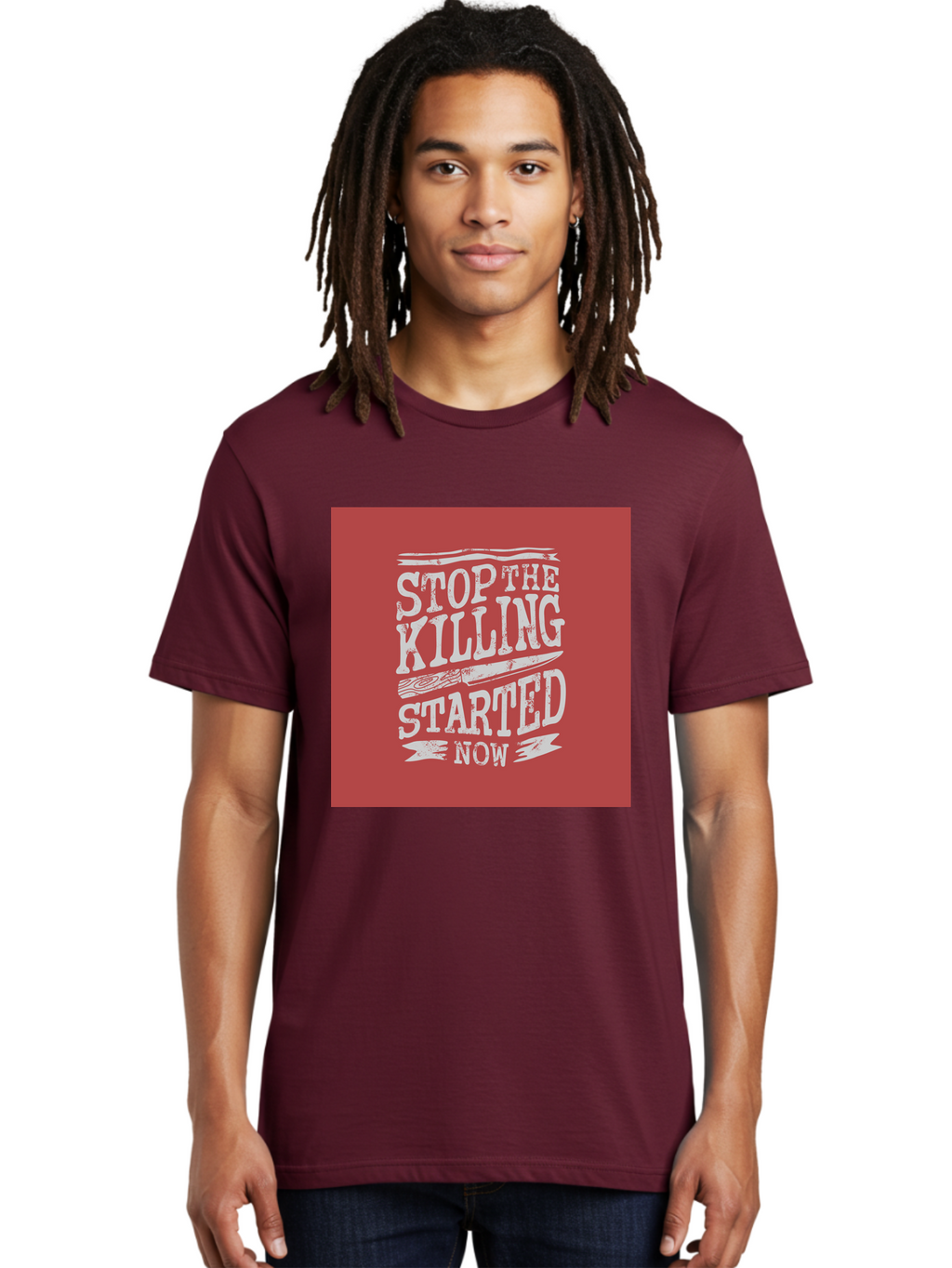 Stop-The-Killing-Started-Now Men'S Graphic Tee, 100% Cotton, Comfortable Casual Summer Wear, Machine Washable, Vegetarian Lifestyle, Animal Rights, Stop Killing, Vegan Movement, Cruelty Free, Bold Typography, Protest Art, Activist Message, Aab484