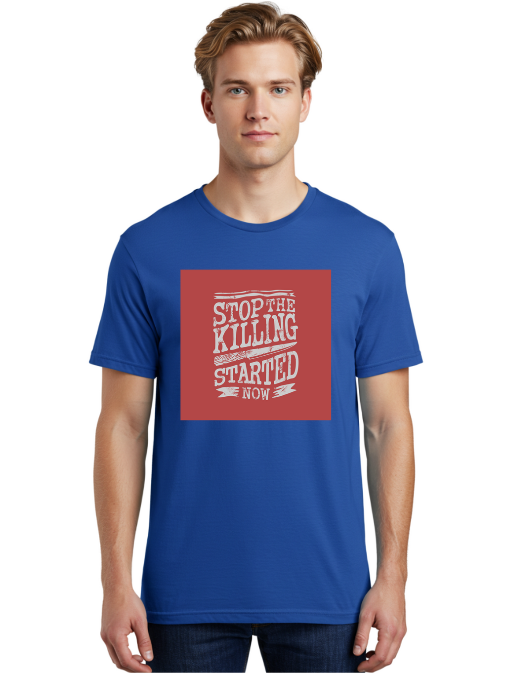 Stop-The-Killing-Started-Now Men'S Graphic Tee, 100% Cotton, Comfortable Casual Summer Wear, Machine Washable, Vegetarian Lifestyle, Animal Rights, Stop Killing, Vegan Movement, Cruelty Free, Bold Typography, Protest Art, Activist Message, Aab484