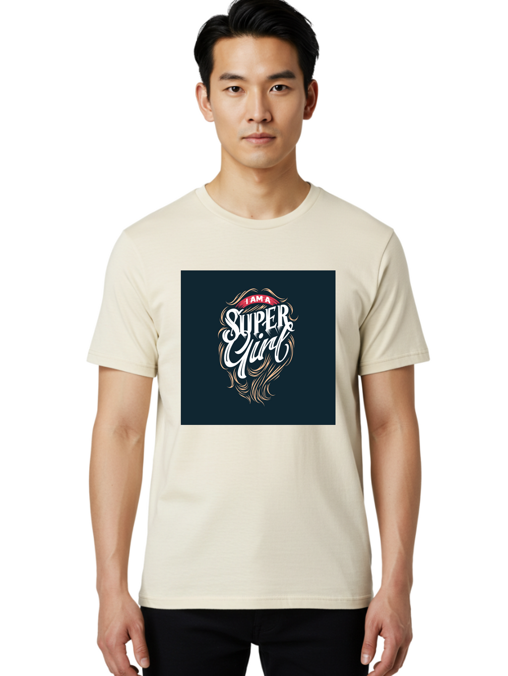 Super-Girl Men'S Graphic Tee, 100% Cotton, Comfortable Casual Summer Wear, Machine Washable, Female Empowerment, Inspirational Quote, Girl Power, Motivational Phrase, Flowing Hair, Elegant Script, Confident Attitude, Strong Women, Aab485