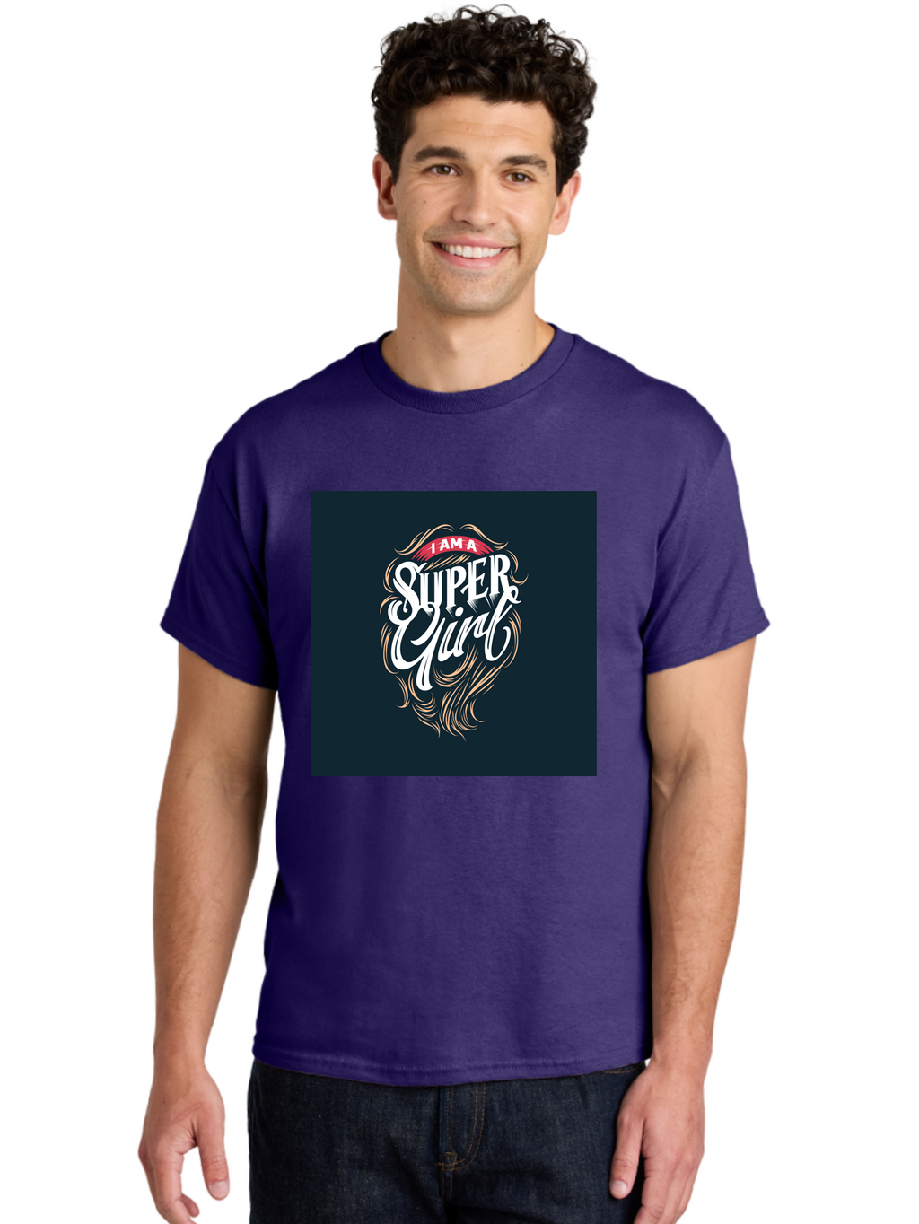 Super-Girl Men'S Graphic Tee, 100% Cotton, Comfortable Casual Summer Wear, Machine Washable, Female Empowerment, Inspirational Quote, Girl Power, Motivational Phrase, Flowing Hair, Elegant Script, Confident Attitude, Strong Women, Aab485