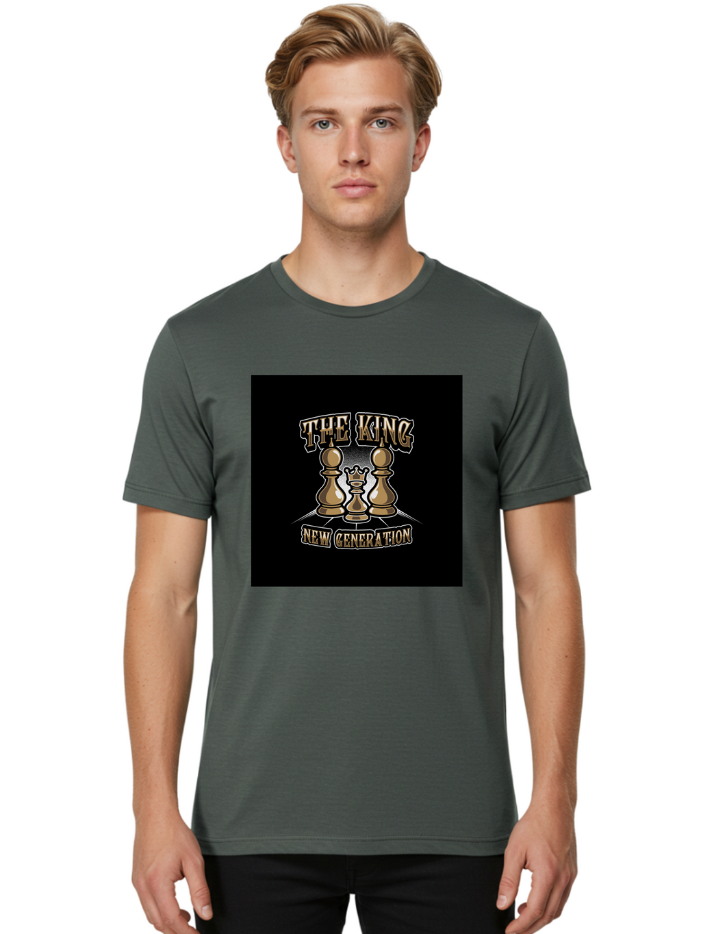 The-King-New-Generation Men'S Graphic Tee, 100% Cotton, Comfortable Casual Summer Wear, Machine Washable, Chess Pieces, The King, New Generation, Leadership, Strategy, Gold Pieces, Pawn, Queen, King, Black Background, Logo Design, Branding, Aab487