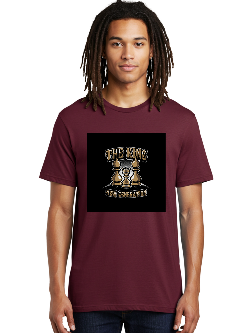 The-King-New-Generation Men'S Graphic Tee, 100% Cotton, Comfortable Casual Summer Wear, Machine Washable, Chess Pieces, The King, New Generation, Leadership, Strategy, Gold Pieces, Pawn, Queen, King, Black Background, Logo Design, Branding, Aab487