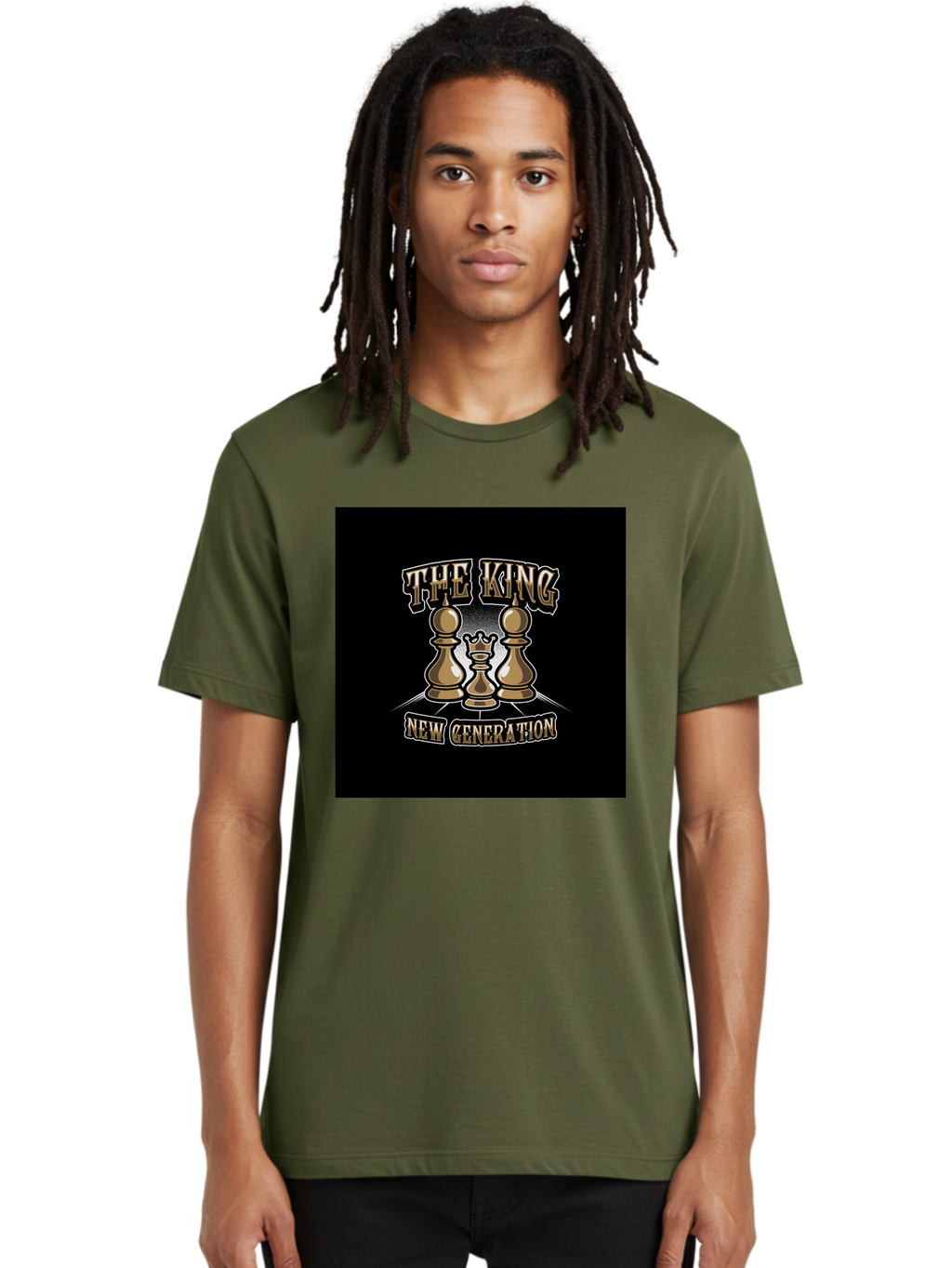 The-King-New-Generation Men'S Graphic Tee, 100% Cotton, Comfortable Casual Summer Wear, Machine Washable, Chess Pieces, The King, New Generation, Leadership, Strategy, Gold Pieces, Pawn, Queen, King, Black Background, Logo Design, Branding, Aab487