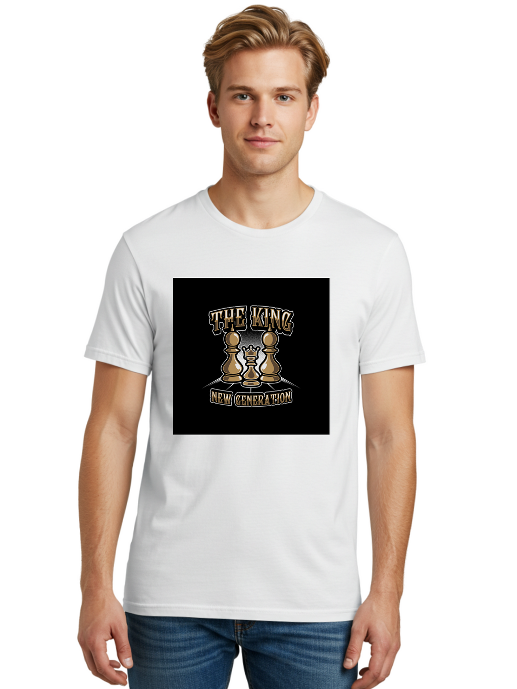 The-King-New-Generation Men'S Graphic Tee, 100% Cotton, Comfortable Casual Summer Wear, Machine Washable, Chess Pieces, The King, New Generation, Leadership, Strategy, Gold Pieces, Pawn, Queen, King, Black Background, Logo Design, Branding, Aab487