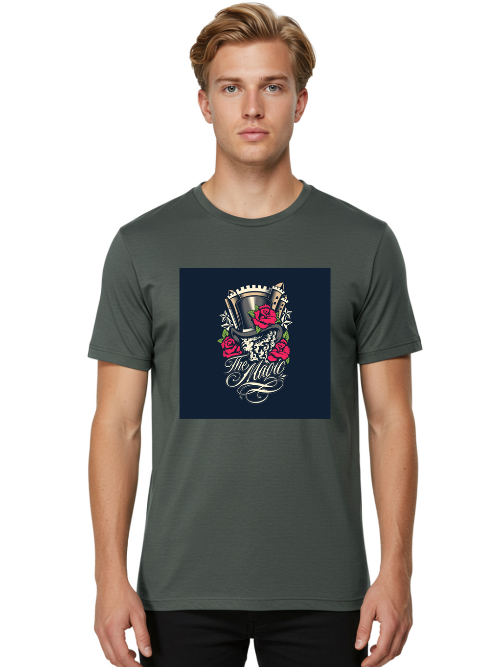 The-Magic Men'S Graphic Tee, 100% Cotton, Comfortable Casual Summer Wear, Machine Washable, Top Hat, Castle, Roses, Stars, Elegant Script, Fantasy Theme, Mystical Atmosphere, Luxury Design, Mysterious, Ornate Aab488