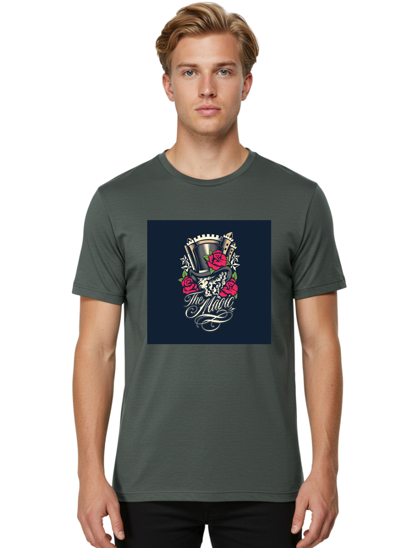 The-Magic Men'S Graphic Tee, 100% Cotton, Comfortable Casual Summer Wear, Machine Washable, Top Hat, Castle, Roses, Stars, Elegant Script, Fantasy Theme, Mystical Atmosphere, Luxury Design, Mysterious, Ornate Aab488