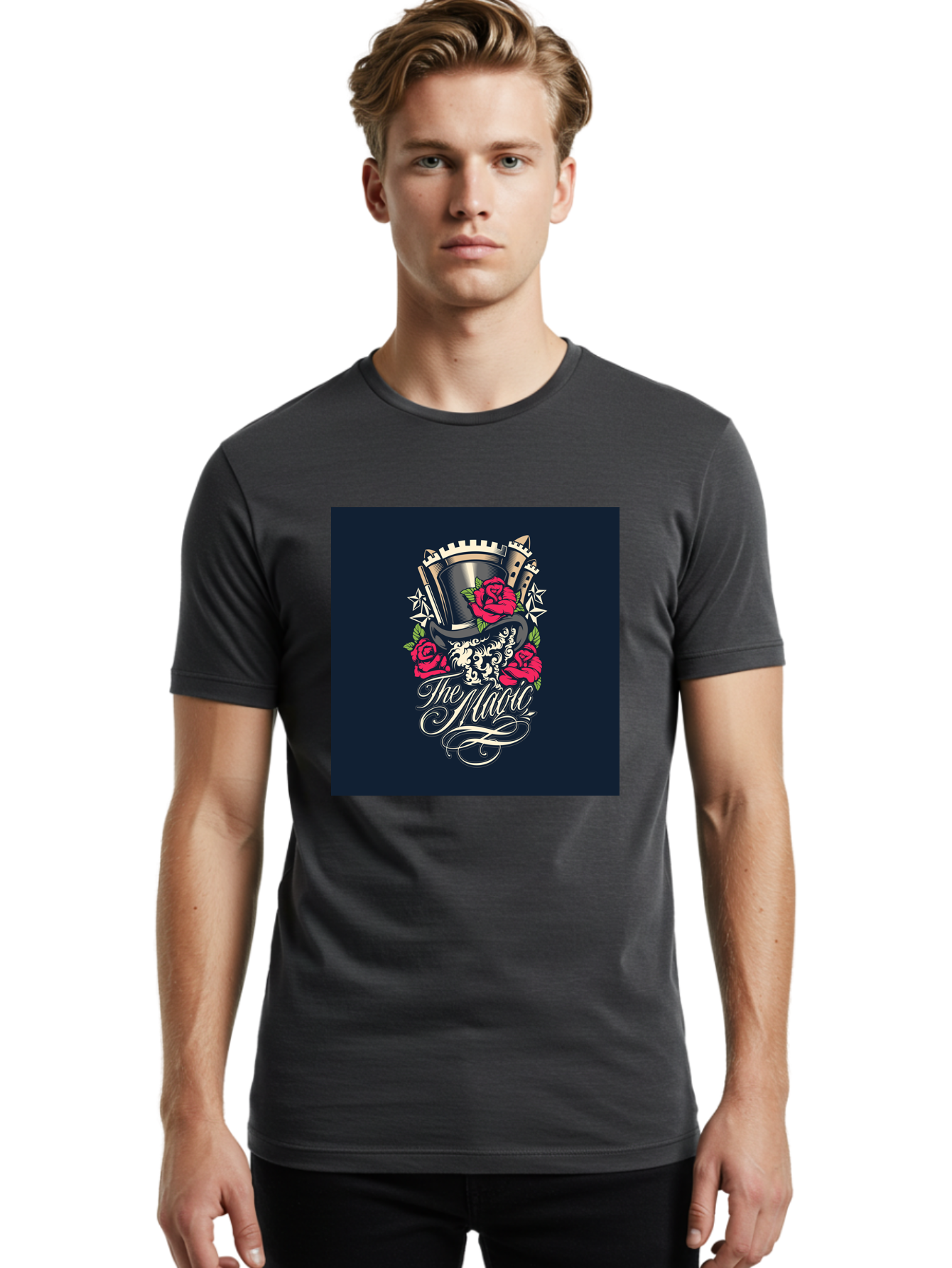 The-Magic Men'S Graphic Tee, 100% Cotton, Comfortable Casual Summer Wear, Machine Washable, Top Hat, Castle, Roses, Stars, Elegant Script, Fantasy Theme, Mystical Atmosphere, Luxury Design, Mysterious, Ornate Aab488