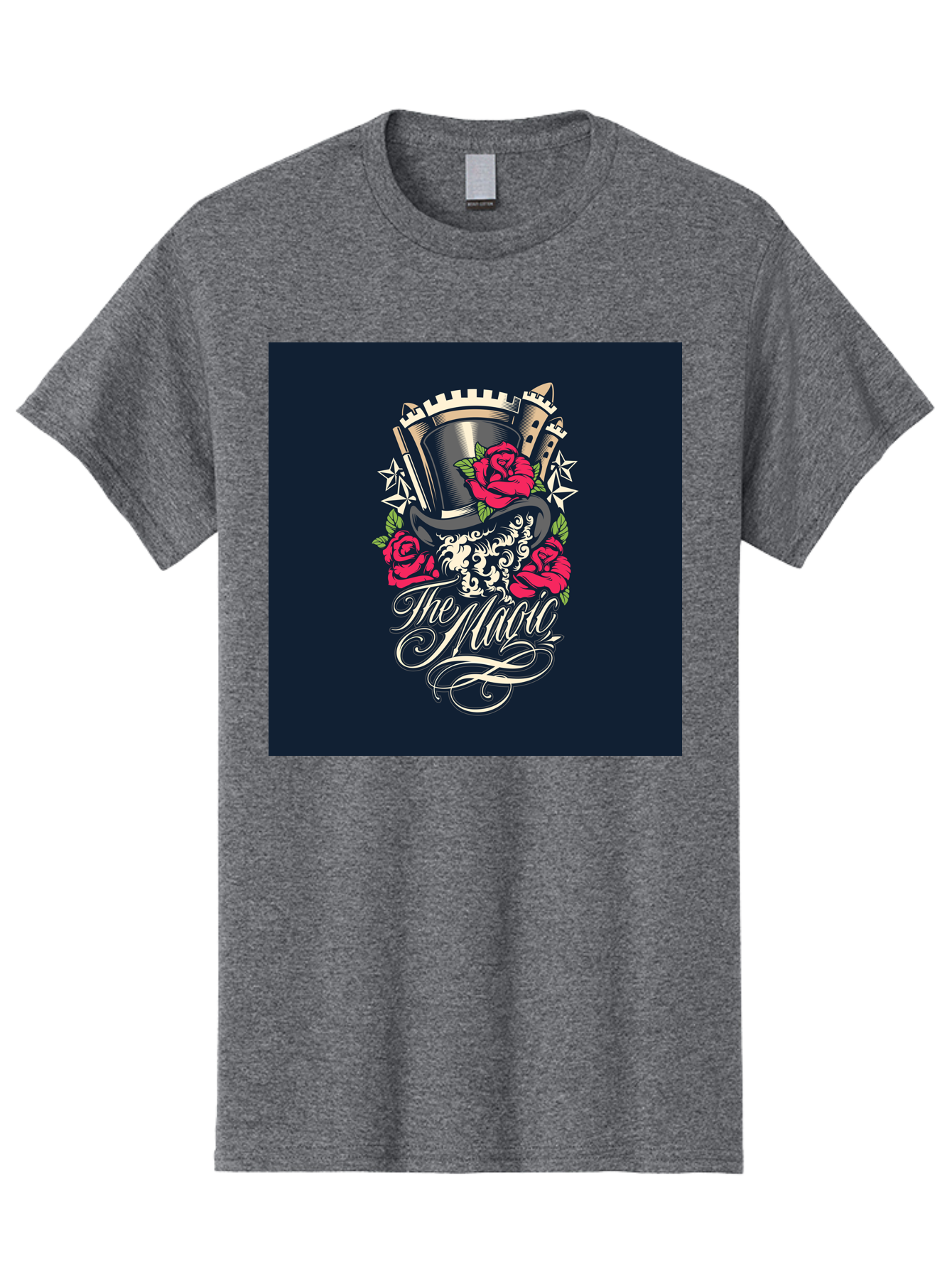 The-Magic Men'S Graphic Tee, 100% Cotton, Comfortable Casual Summer Wear, Machine Washable, Top Hat, Castle, Roses, Stars, Elegant Script, Fantasy Theme, Mystical Atmosphere, Luxury Design, Mysterious, Ornate Aab488