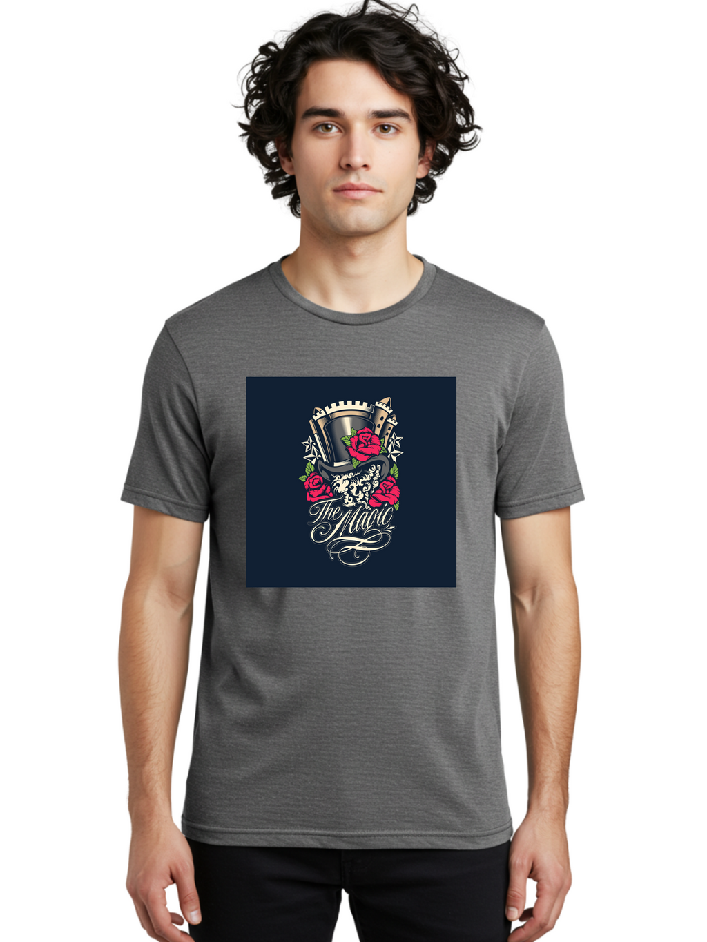 The-Magic Men'S Graphic Tee, 100% Cotton, Comfortable Casual Summer Wear, Machine Washable, Top Hat, Castle, Roses, Stars, Elegant Script, Fantasy Theme, Mystical Atmosphere, Luxury Design, Mysterious, Ornate Aab488