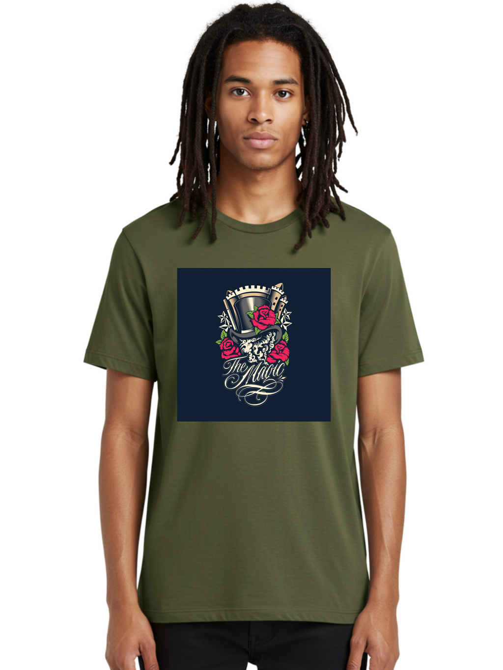 The-Magic Men'S Graphic Tee, 100% Cotton, Comfortable Casual Summer Wear, Machine Washable, Top Hat, Castle, Roses, Stars, Elegant Script, Fantasy Theme, Mystical Atmosphere, Luxury Design, Mysterious, Ornate Aab488