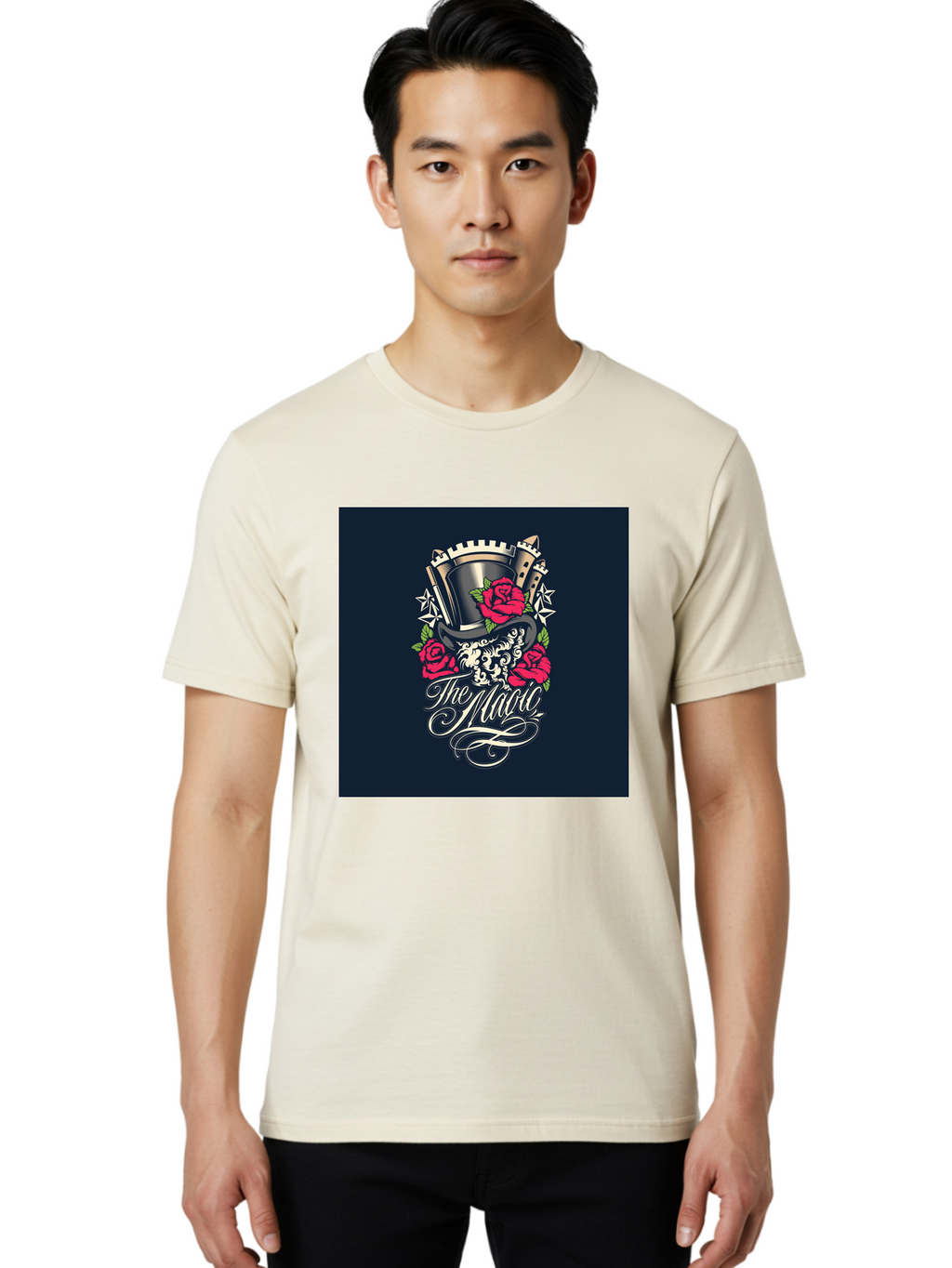 The-Magic Men'S Graphic Tee, 100% Cotton, Comfortable Casual Summer Wear, Machine Washable, Top Hat, Castle, Roses, Stars, Elegant Script, Fantasy Theme, Mystical Atmosphere, Luxury Design, Mysterious, Ornate Aab488