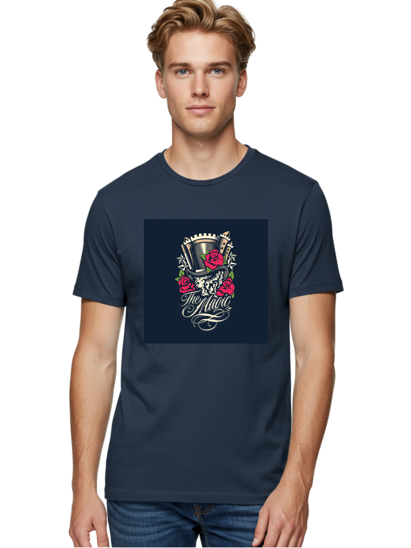 The-Magic Men'S Graphic Tee, 100% Cotton, Comfortable Casual Summer Wear, Machine Washable, Top Hat, Castle, Roses, Stars, Elegant Script, Fantasy Theme, Mystical Atmosphere, Luxury Design, Mysterious, Ornate Aab488