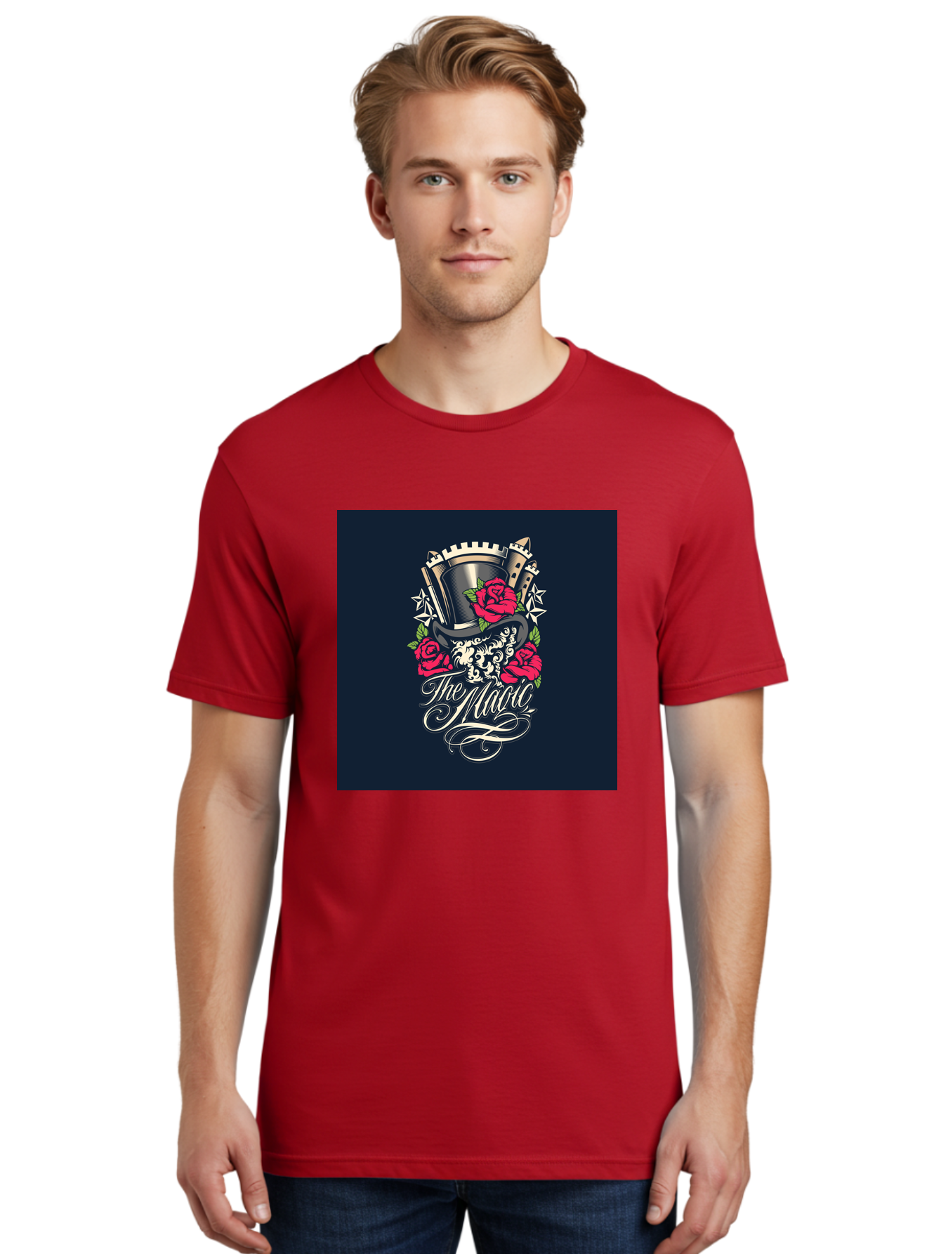 The-Magic Men'S Graphic Tee, 100% Cotton, Comfortable Casual Summer Wear, Machine Washable, Top Hat, Castle, Roses, Stars, Elegant Script, Fantasy Theme, Mystical Atmosphere, Luxury Design, Mysterious, Ornate Aab488