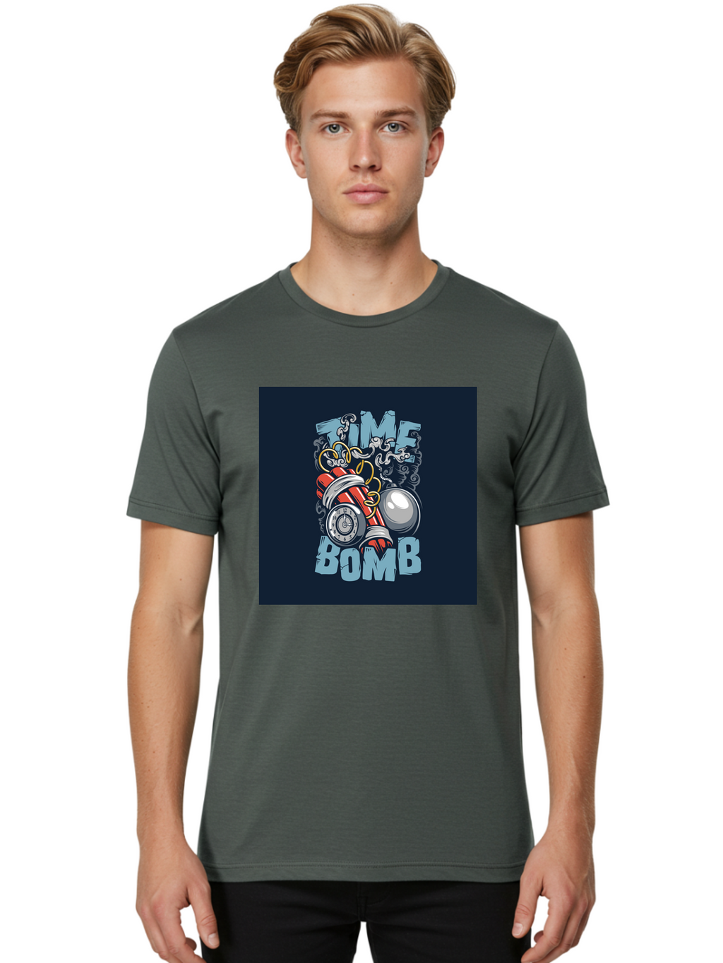 Time-Bomb Men'S Graphic Tee, 100% Cotton, Comfortable Casual Summer Wear, Machine Washable, Time Bomb Illustration, Cartoon Style, Dynamite Sticks, Clock Timer, Danger Alert, Bomb Threat, Countdown To Explosion, Cartoon Graphics, Comic Art Aab489