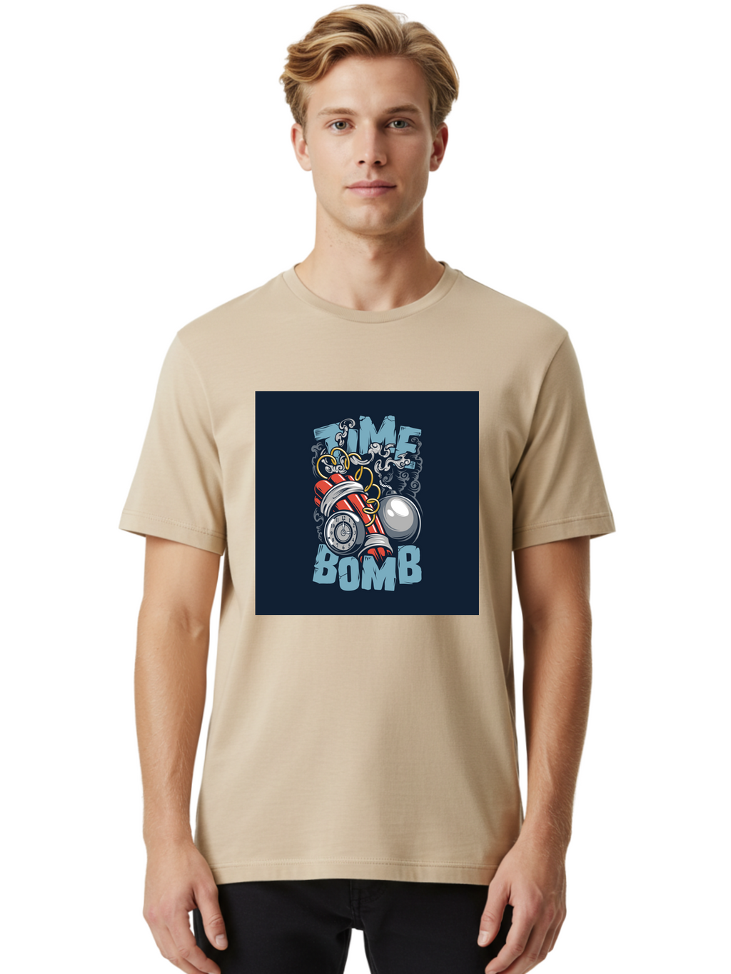 Time-Bomb Men'S Graphic Tee, 100% Cotton, Comfortable Casual Summer Wear, Machine Washable, Time Bomb Illustration, Cartoon Style, Dynamite Sticks, Clock Timer, Danger Alert, Bomb Threat, Countdown To Explosion, Cartoon Graphics, Comic Art Aab489