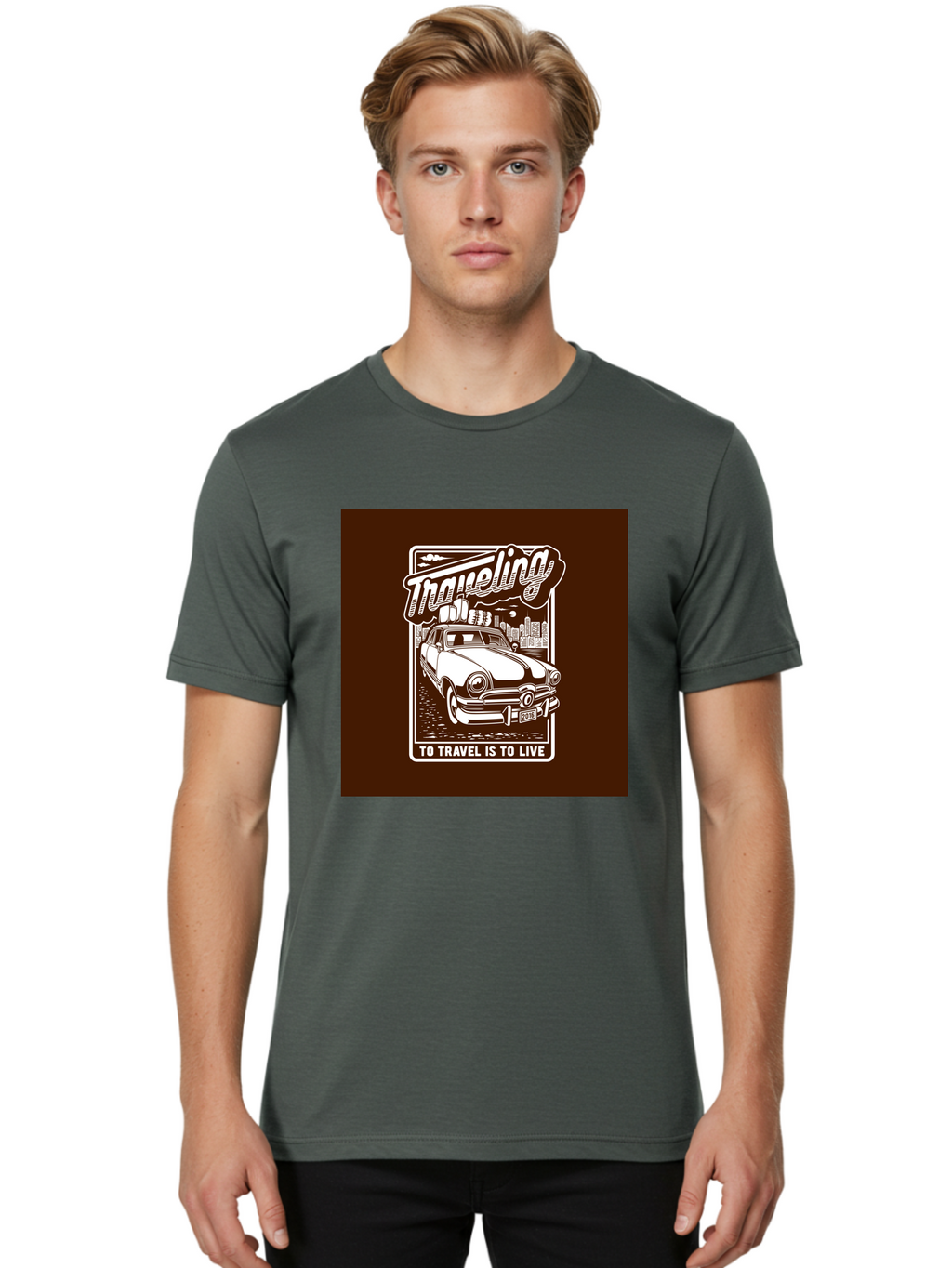 Traveling Men'S Graphic Tee, 100% Cotton, Comfortable Casual Summer Wear, Machine Washable, Vintage Car, Travel, Adventure, Classic Automobile, Cityscape, Road Trip, Exploration, Wanderlust, Traveling, To Travel Is To Live Aab490