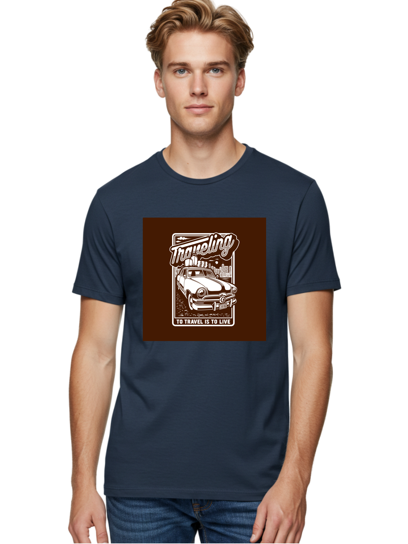 Traveling Men'S Graphic Tee, 100% Cotton, Comfortable Casual Summer Wear, Machine Washable, Vintage Car, Travel, Adventure, Classic Automobile, Cityscape, Road Trip, Exploration, Wanderlust, Traveling, To Travel Is To Live Aab490
