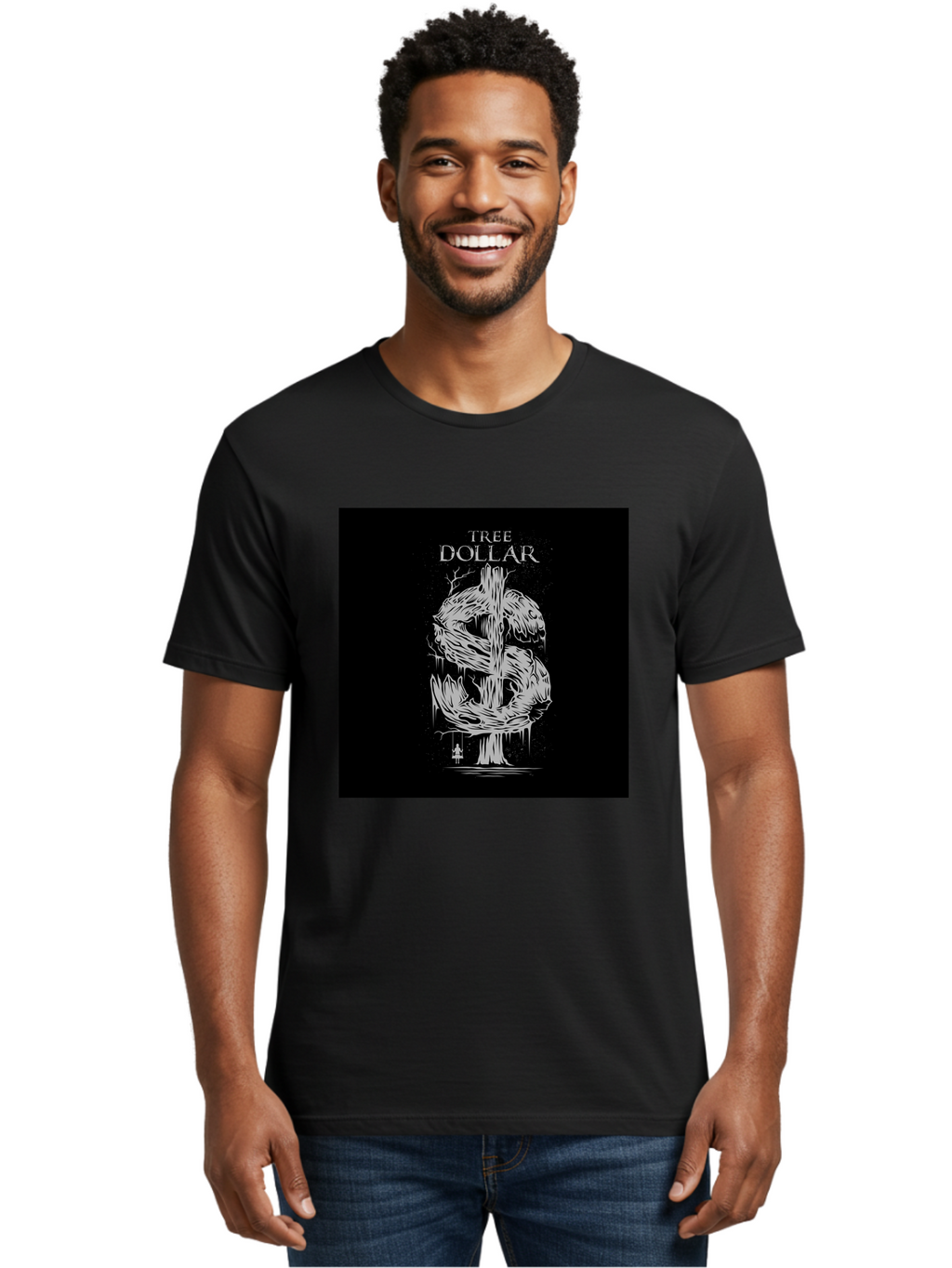 Tree-Dollar Men'S Graphic Tee, 100% Cotton, Comfortable Casual Summer Wear, Machine Washable, Dollar Sign Made Of Tree Branches, Wooden Currency Symbol, Environmental Finance, Eco-Friendly Money, Twisted Tree Trunk, Drip Art, Aab491