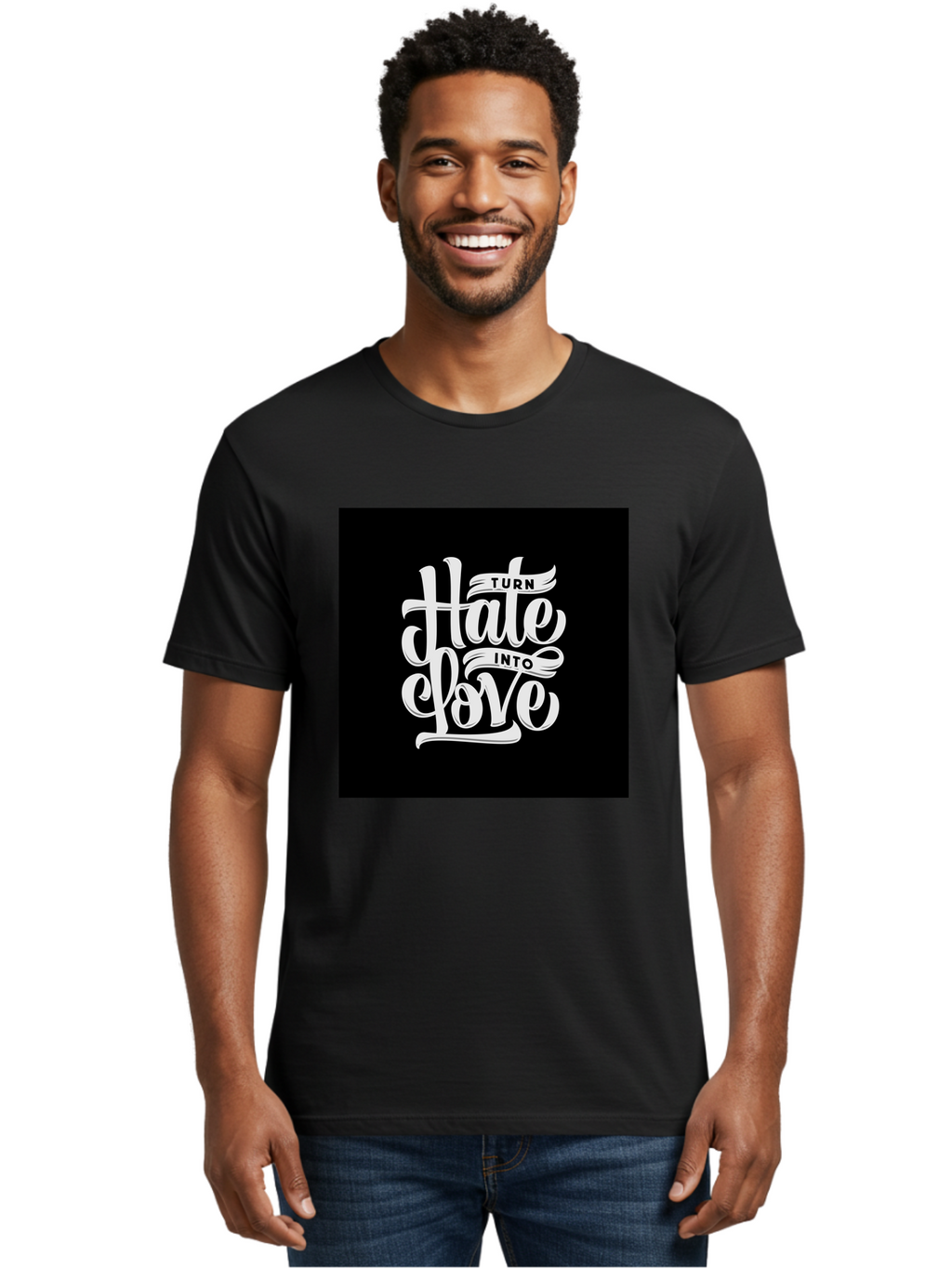 Turn-Hate-Into-Love Men'S Graphic Tee, 100% Cotton, Comfortable Casual Summer Wear, Machine Washable, Inspirational Quotes, Motivational Sayings, Positive Affirmations, Kindness Messages, Peace Signs, Emotional Support, Uplifting Words, Aab492