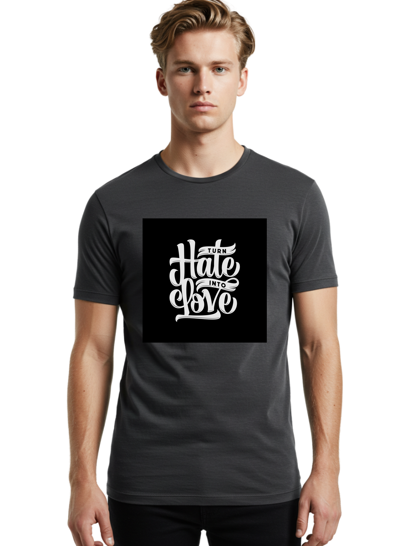 Turn-Hate-Into-Love Men'S Graphic Tee, 100% Cotton, Comfortable Casual Summer Wear, Machine Washable, Inspirational Quotes, Motivational Sayings, Positive Affirmations, Kindness Messages, Peace Signs, Emotional Support, Uplifting Words, Aab492