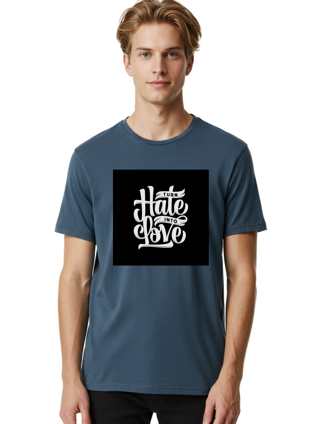 Turn-Hate-Into-Love Men'S Graphic Tee, 100% Cotton, Comfortable Casual Summer Wear, Machine Washable, Inspirational Quotes, Motivational Sayings, Positive Affirmations, Kindness Messages, Peace Signs, Emotional Support, Uplifting Words, Aab492