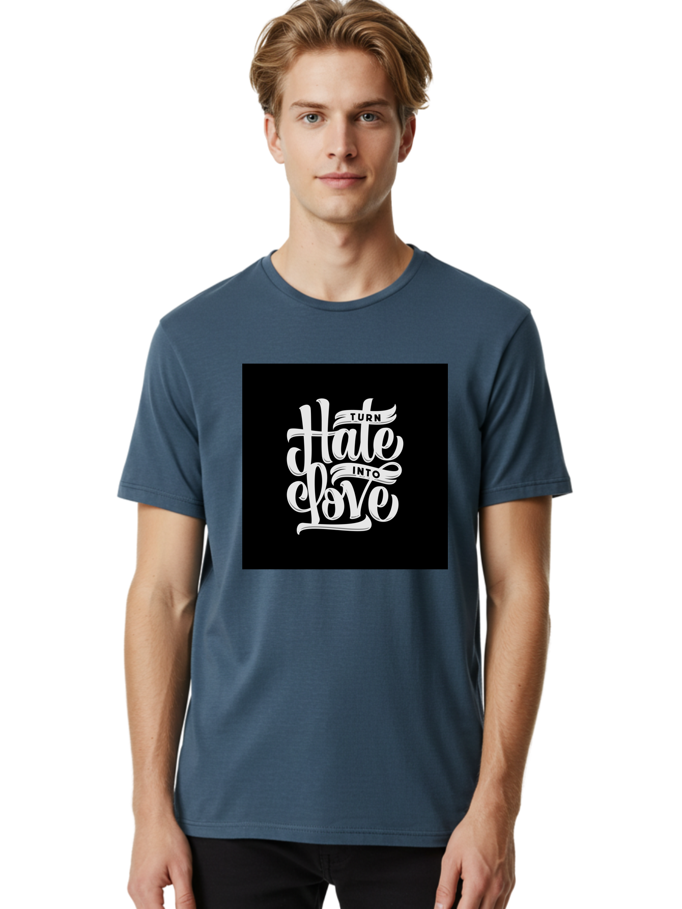 Turn-Hate-Into-Love Men'S Graphic Tee, 100% Cotton, Comfortable Casual Summer Wear, Machine Washable, Inspirational Quotes, Motivational Sayings, Positive Affirmations, Kindness Messages, Peace Signs, Emotional Support, Uplifting Words, Aab492