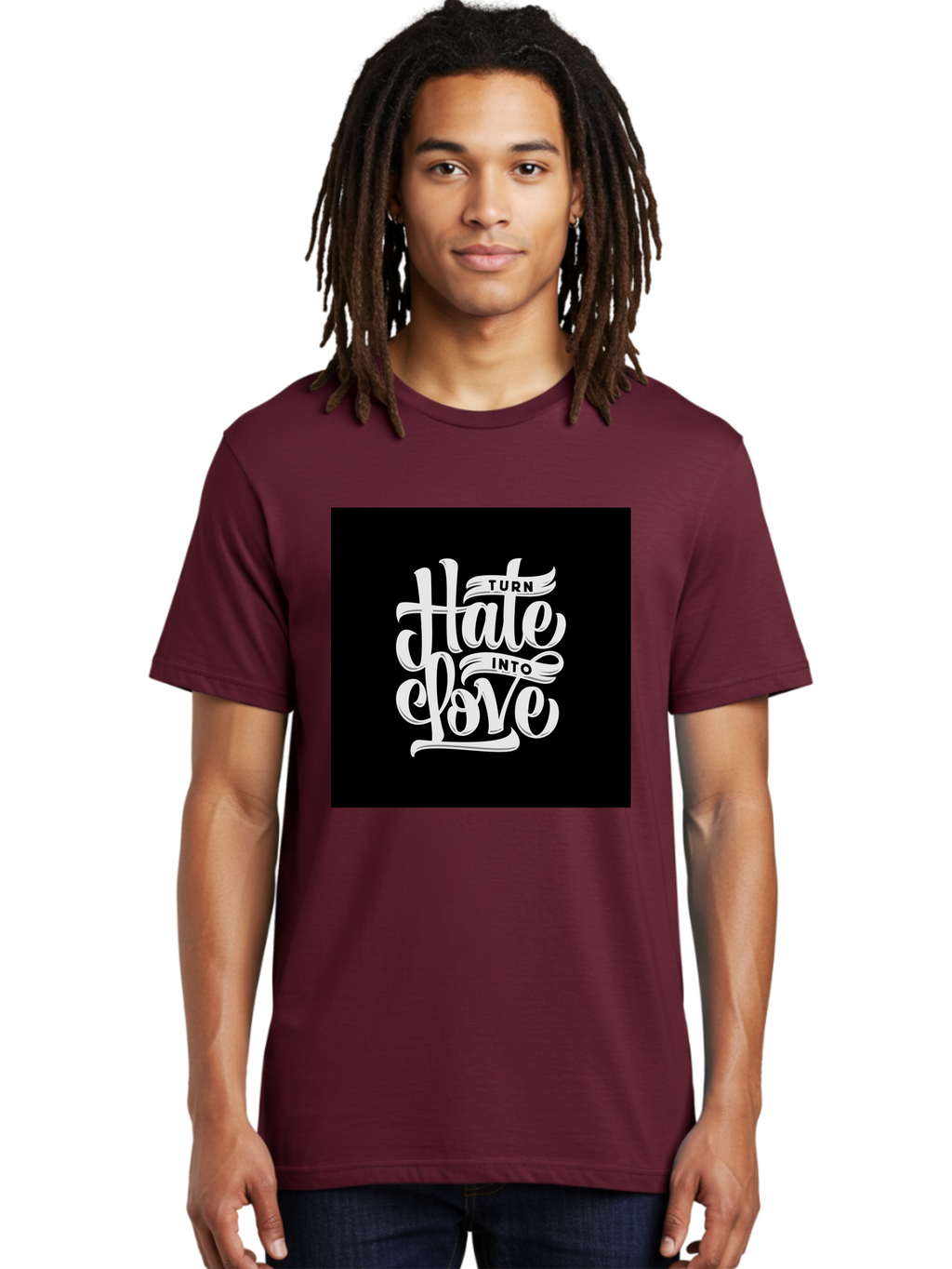 Turn-Hate-Into-Love Men'S Graphic Tee, 100% Cotton, Comfortable Casual Summer Wear, Machine Washable, Inspirational Quotes, Motivational Sayings, Positive Affirmations, Kindness Messages, Peace Signs, Emotional Support, Uplifting Words, Aab492