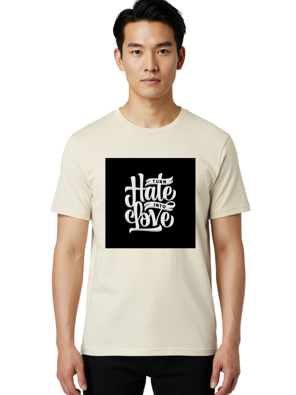 Turn-Hate-Into-Love Men'S Graphic Tee, 100% Cotton, Comfortable Casual Summer Wear, Machine Washable, Inspirational Quotes, Motivational Sayings, Positive Affirmations, Kindness Messages, Peace Signs, Emotional Support, Uplifting Words, Aab492