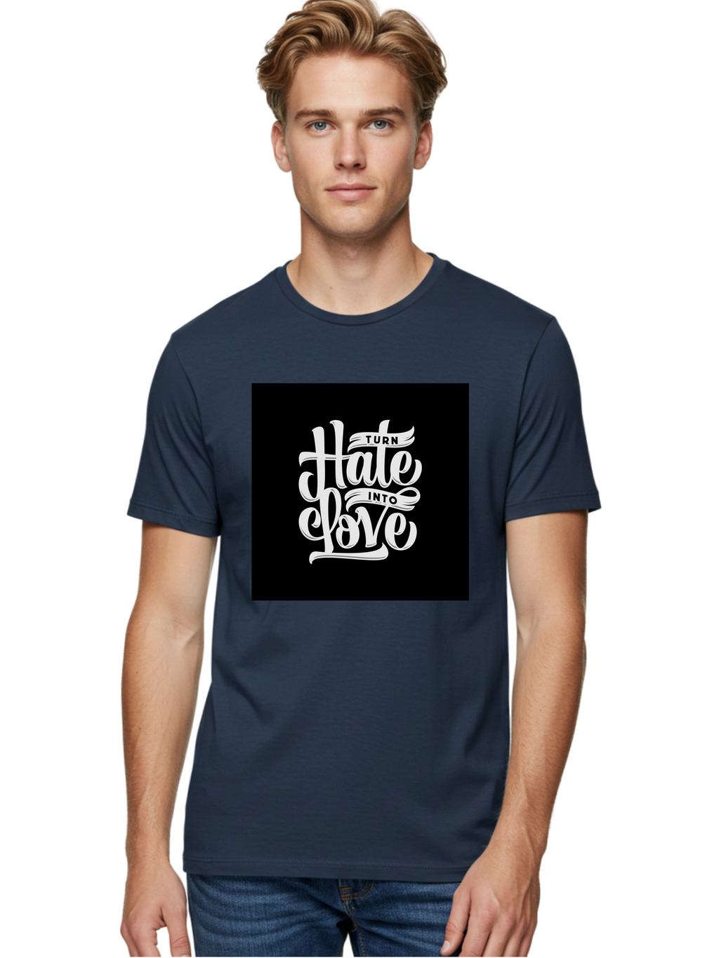 Turn-Hate-Into-Love Men'S Graphic Tee, 100% Cotton, Comfortable Casual Summer Wear, Machine Washable, Inspirational Quotes, Motivational Sayings, Positive Affirmations, Kindness Messages, Peace Signs, Emotional Support, Uplifting Words, Aab492