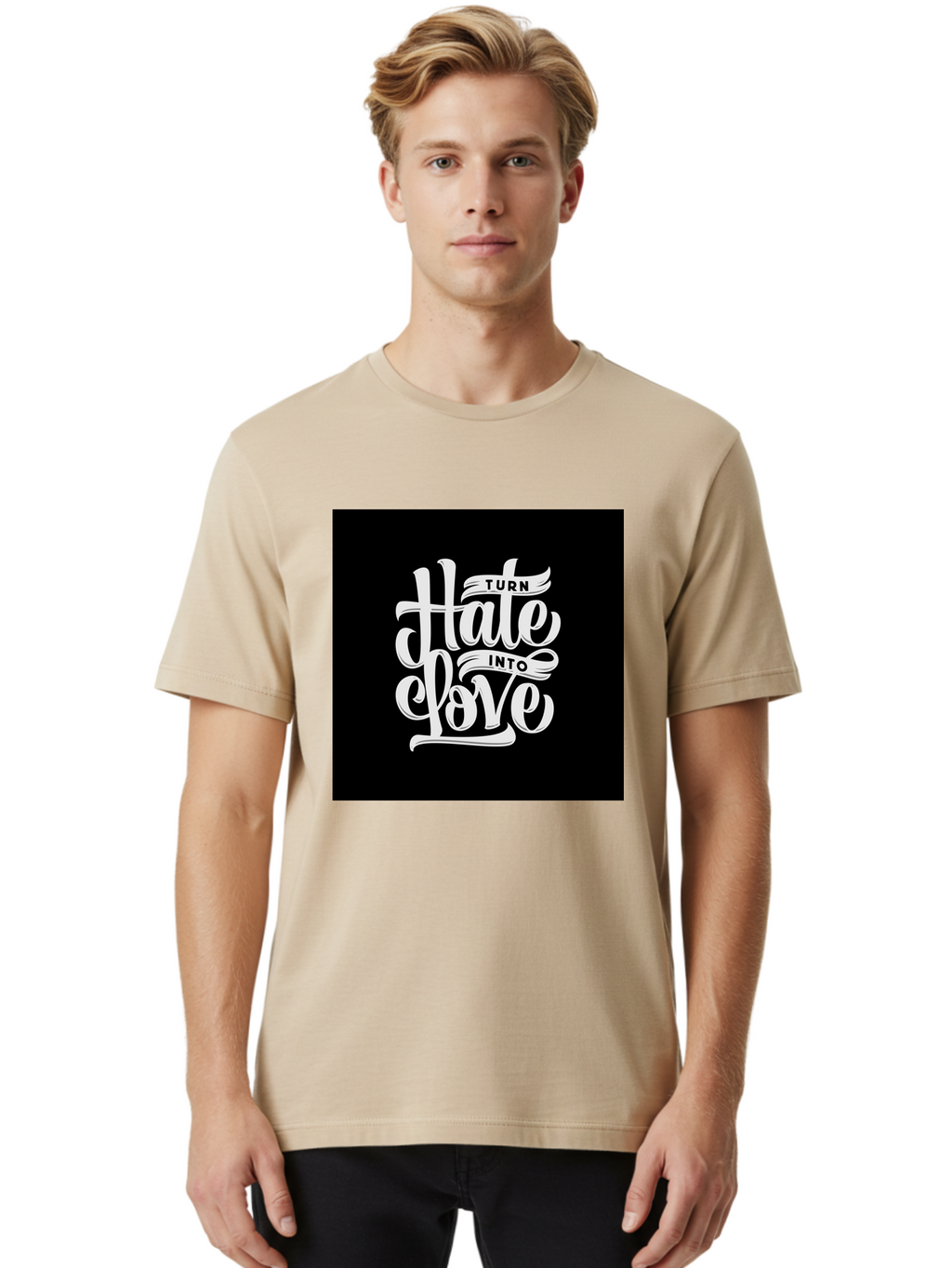 Turn-Hate-Into-Love Men'S Graphic Tee, 100% Cotton, Comfortable Casual Summer Wear, Machine Washable, Inspirational Quotes, Motivational Sayings, Positive Affirmations, Kindness Messages, Peace Signs, Emotional Support, Uplifting Words, Aab492