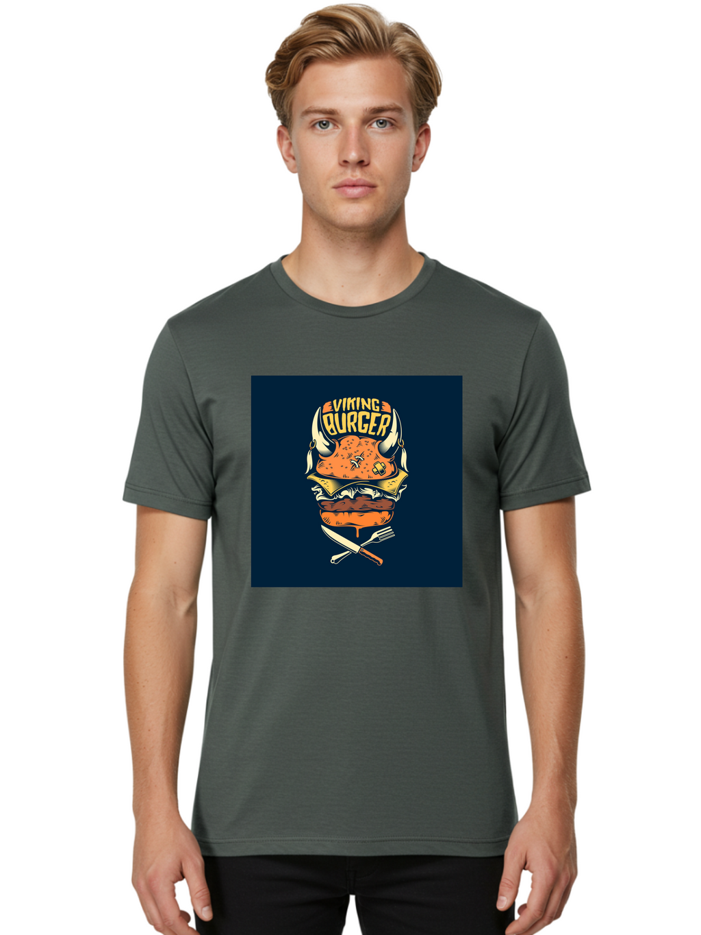 Viking-Burger Men'S Graphic Tee, 100% Cotton, Comfortable Casual Summer Wear, Machine Washable, Viking Burger, Cartoon Burger, Burger Illustration, Horned Bun, Crossed Utensils, Restaurant Logo, Food Branding, Yellow Text, Comical Design, Aab493
