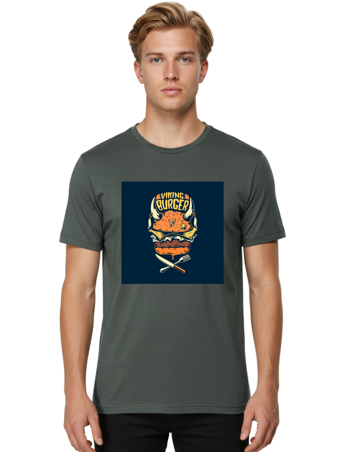 Viking-Burger Men'S Graphic Tee, 100% Cotton, Comfortable Casual Summer Wear, Machine Washable, Viking Burger, Cartoon Burger, Burger Illustration, Horned Bun, Crossed Utensils, Restaurant Logo, Food Branding, Yellow Text, Comical Design, Aab493