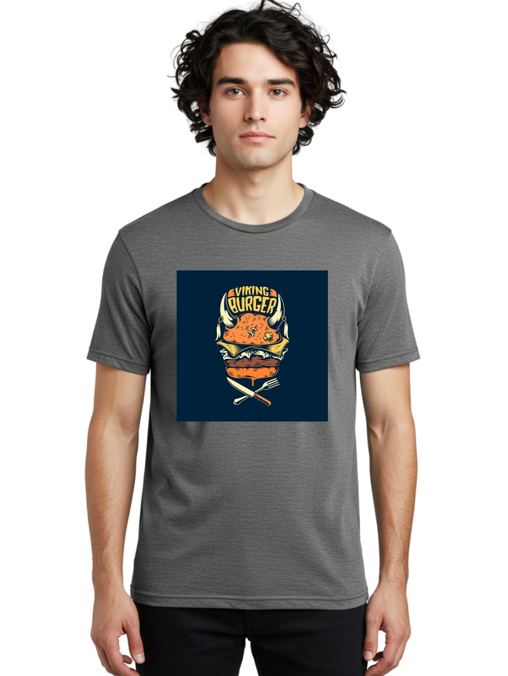Viking-Burger Men'S Graphic Tee, 100% Cotton, Comfortable Casual Summer Wear, Machine Washable, Viking Burger, Cartoon Burger, Burger Illustration, Horned Bun, Crossed Utensils, Restaurant Logo, Food Branding, Yellow Text, Comical Design, Aab493