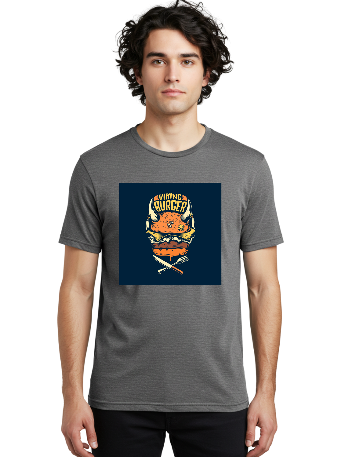 Viking-Burger Men'S Graphic Tee, 100% Cotton, Comfortable Casual Summer Wear, Machine Washable, Viking Burger, Cartoon Burger, Burger Illustration, Horned Bun, Crossed Utensils, Restaurant Logo, Food Branding, Yellow Text, Comical Design, Aab493