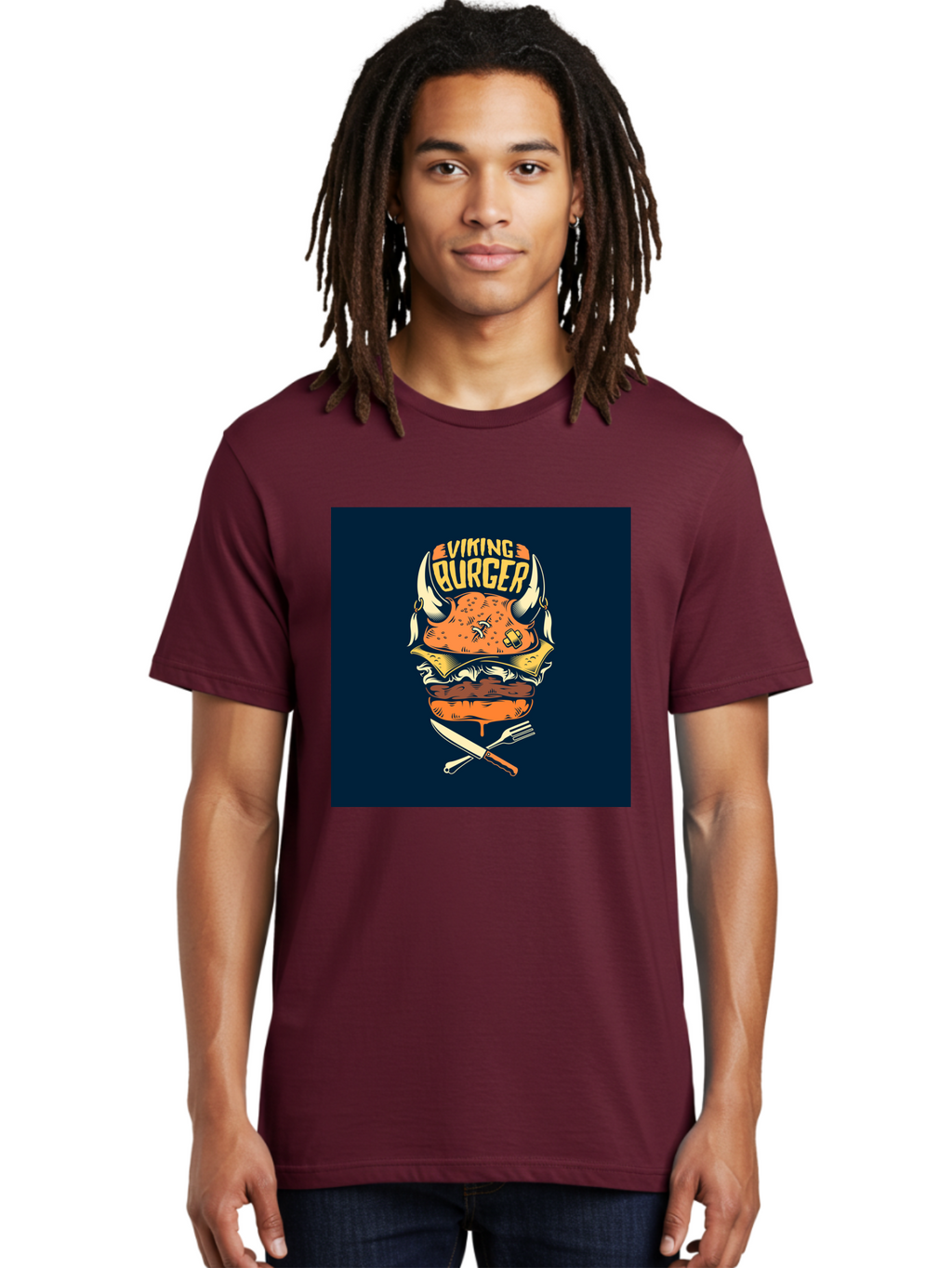 Viking-Burger Men'S Graphic Tee, 100% Cotton, Comfortable Casual Summer Wear, Machine Washable, Viking Burger, Cartoon Burger, Burger Illustration, Horned Bun, Crossed Utensils, Restaurant Logo, Food Branding, Yellow Text, Comical Design, Aab493