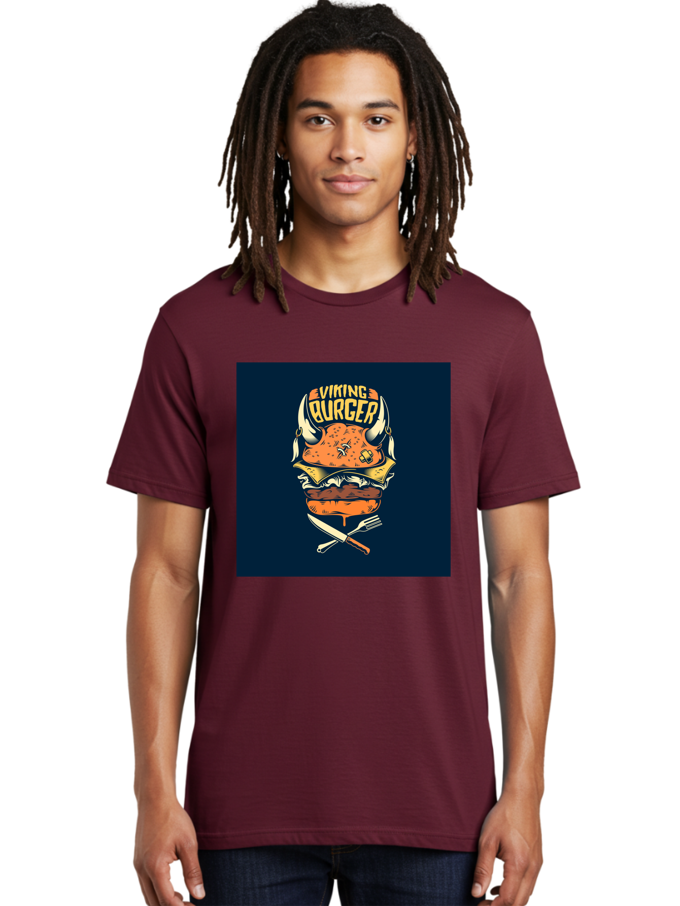 Viking-Burger Men'S Graphic Tee, 100% Cotton, Comfortable Casual Summer Wear, Machine Washable, Viking Burger, Cartoon Burger, Burger Illustration, Horned Bun, Crossed Utensils, Restaurant Logo, Food Branding, Yellow Text, Comical Design, Aab493
