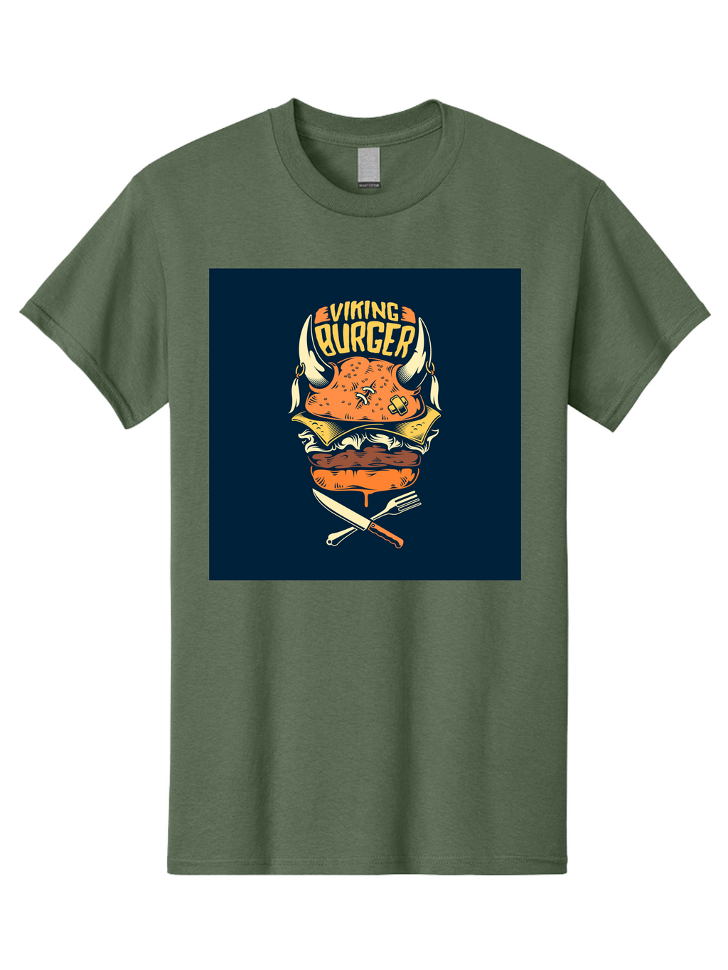 Viking-Burger Men'S Graphic Tee, 100% Cotton, Comfortable Casual Summer Wear, Machine Washable, Viking Burger, Cartoon Burger, Burger Illustration, Horned Bun, Crossed Utensils, Restaurant Logo, Food Branding, Yellow Text, Comical Design, Aab493