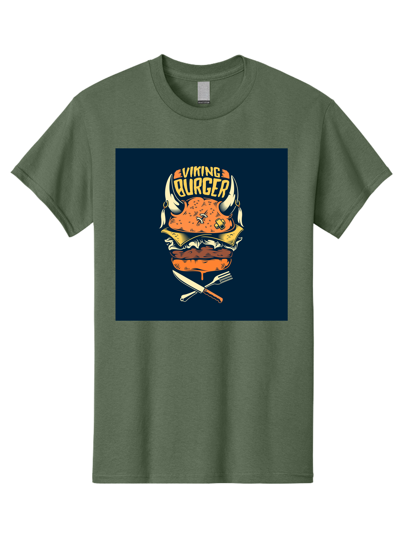 Viking-Burger Men'S Graphic Tee, 100% Cotton, Comfortable Casual Summer Wear, Machine Washable, Viking Burger, Cartoon Burger, Burger Illustration, Horned Bun, Crossed Utensils, Restaurant Logo, Food Branding, Yellow Text, Comical Design, Aab493