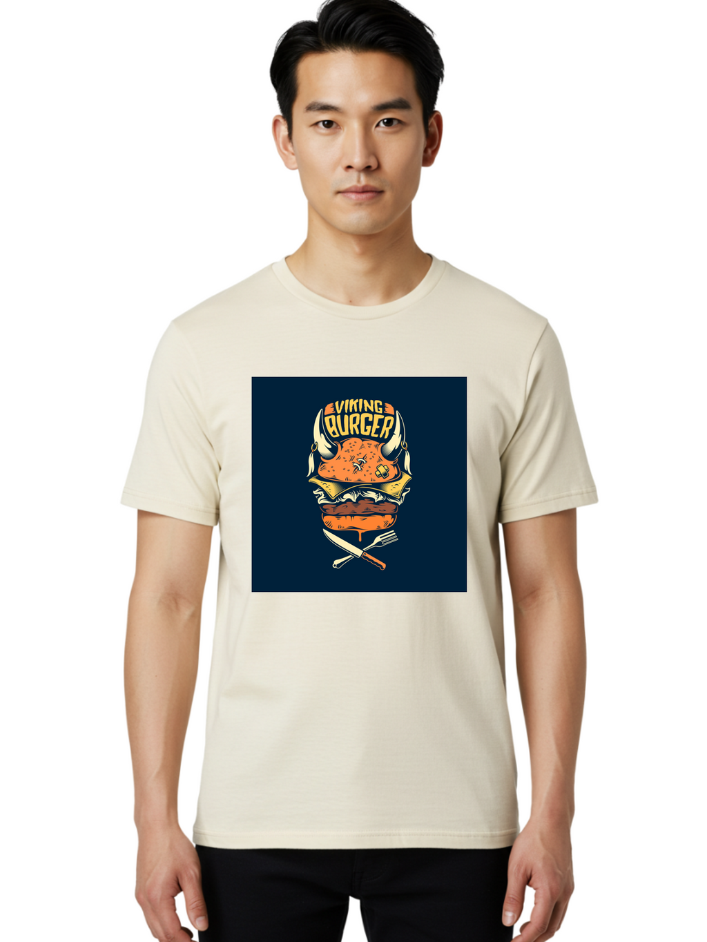 Viking-Burger Men'S Graphic Tee, 100% Cotton, Comfortable Casual Summer Wear, Machine Washable, Viking Burger, Cartoon Burger, Burger Illustration, Horned Bun, Crossed Utensils, Restaurant Logo, Food Branding, Yellow Text, Comical Design, Aab493