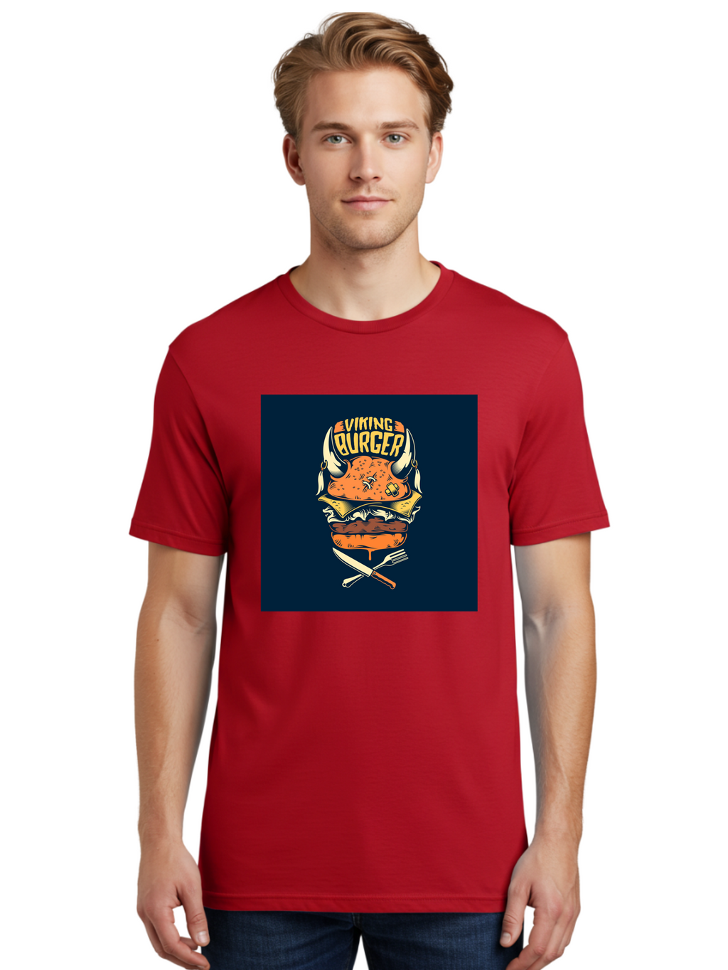 Viking-Burger Men'S Graphic Tee, 100% Cotton, Comfortable Casual Summer Wear, Machine Washable, Viking Burger, Cartoon Burger, Burger Illustration, Horned Bun, Crossed Utensils, Restaurant Logo, Food Branding, Yellow Text, Comical Design, Aab493
