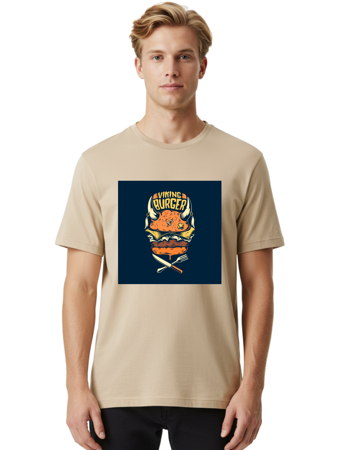 Viking-Burger Men'S Graphic Tee, 100% Cotton, Comfortable Casual Summer Wear, Machine Washable, Viking Burger, Cartoon Burger, Burger Illustration, Horned Bun, Crossed Utensils, Restaurant Logo, Food Branding, Yellow Text, Comical Design, Aab493