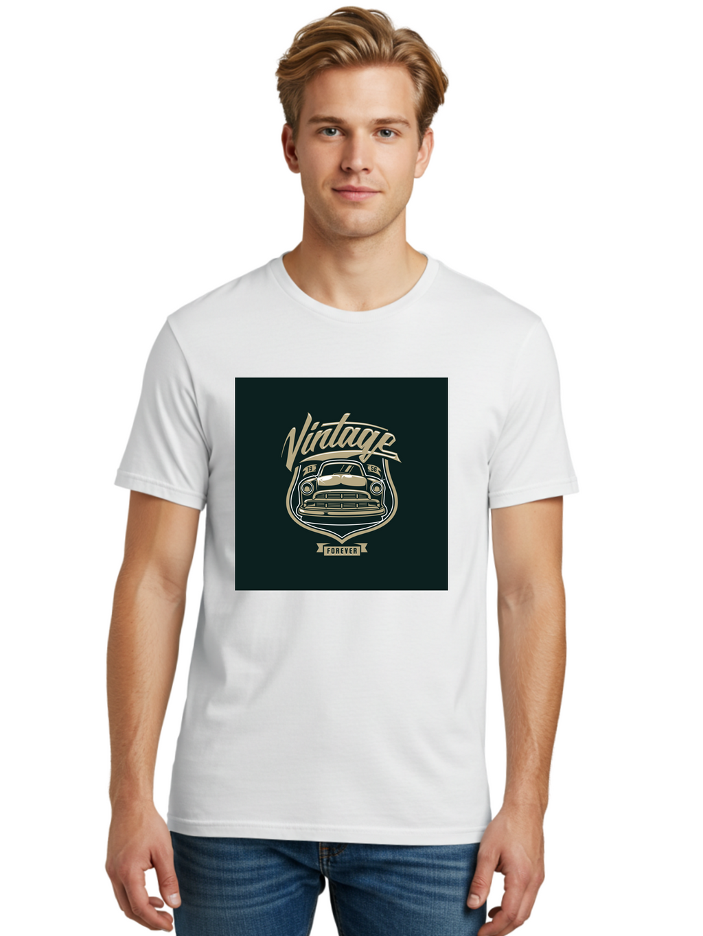 Vintage-Forever Men'S Graphic Tee, 100% Cotton, Comfortable Casual Summer Wear, Machine Washable, Vintage Car, Classic Automobile, Retro Vehicle, 1956 Model, Nostalgic Design, Vintage Forever, Vintage Car Logo, Retro Car Emblem, Aab494