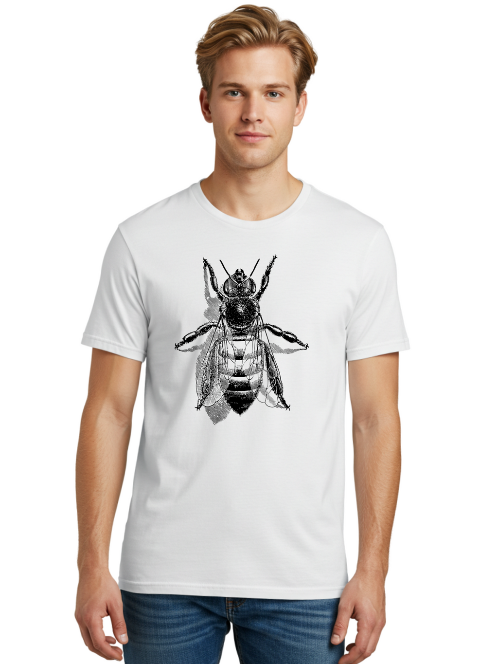 Bee-1 Men'S Graphic Tee, 100% Cotton, Comfortable Casual Summer Wear, Machine Washable, Honey Bee, Insect Anatomy, Detailed Illustration, Black And Green, Bee Species, Entomology Art, Wildlife Graphics, Nature Illustration, Detailed Drawing Aab498