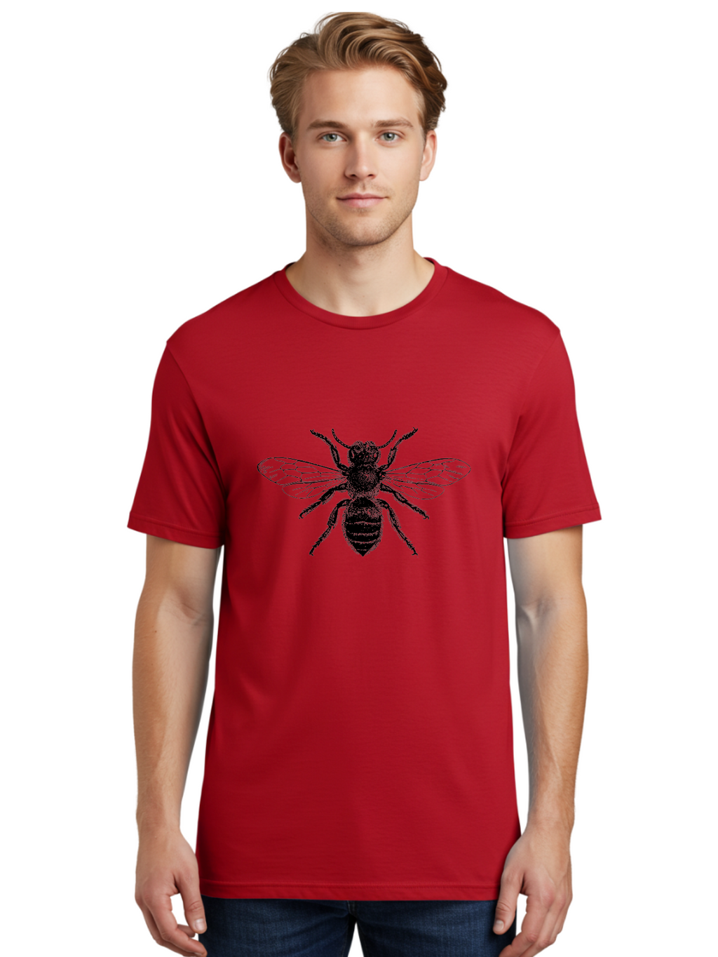 Bee-Illustration Men'S Graphic Tee, 100% Cotton, Comfortable Casual Summer Wear, Machine Washable, Bee With Striped Body, Black And White Illustration, Insect Art, Detailed Drawing, Winged Creature, Pollinator, Nature Graphic, Simple Design Aab502