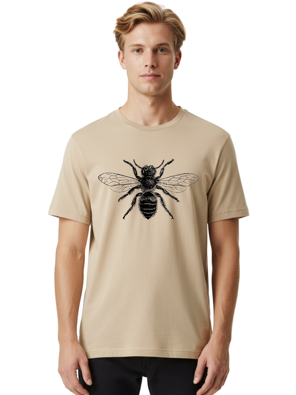 Bee-Illustration Men'S Graphic Tee, 100% Cotton, Comfortable Casual Summer Wear, Machine Washable, Bee With Striped Body, Black And White Illustration, Insect Art, Detailed Drawing, Winged Creature, Pollinator, Nature Graphic, Simple Design Aab502