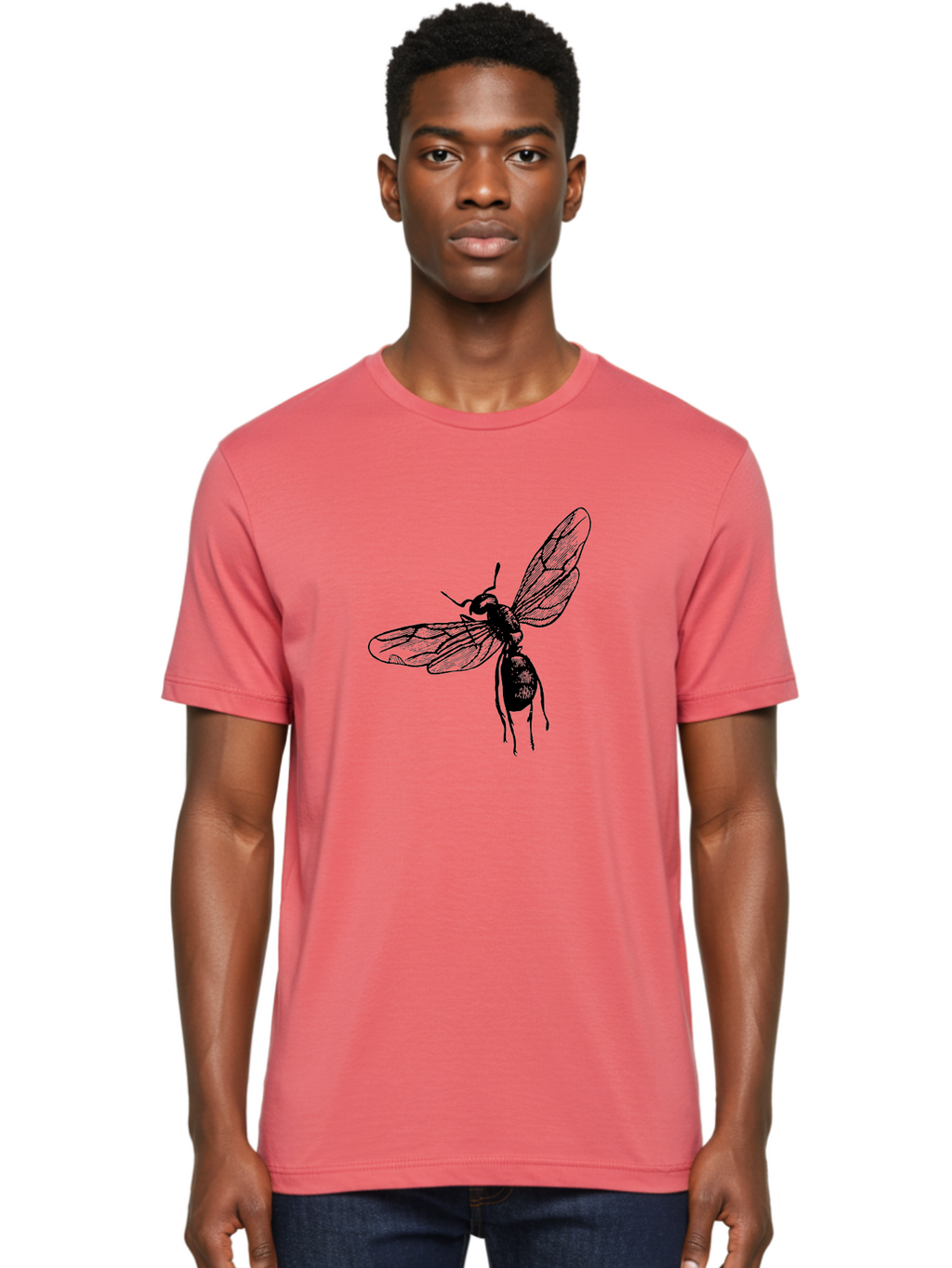 Bee Men'S Graphic Tee, 100% Cotton, Comfortable Casual Summer Wear, Machine Washable, Black Wasp In Flight, Insect Wings, Entomology Illustration, Detailed Drawing, Winged Creature, Insect Art Aab503