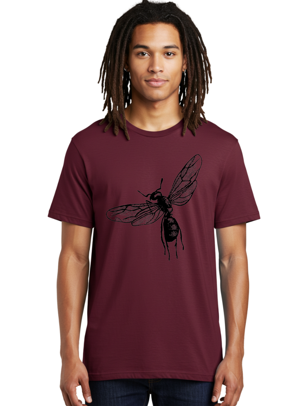 Bee Men'S Graphic Tee, 100% Cotton, Comfortable Casual Summer Wear, Machine Washable, Black Wasp In Flight, Insect Wings, Entomology Illustration, Detailed Drawing, Winged Creature, Insect Art Aab503