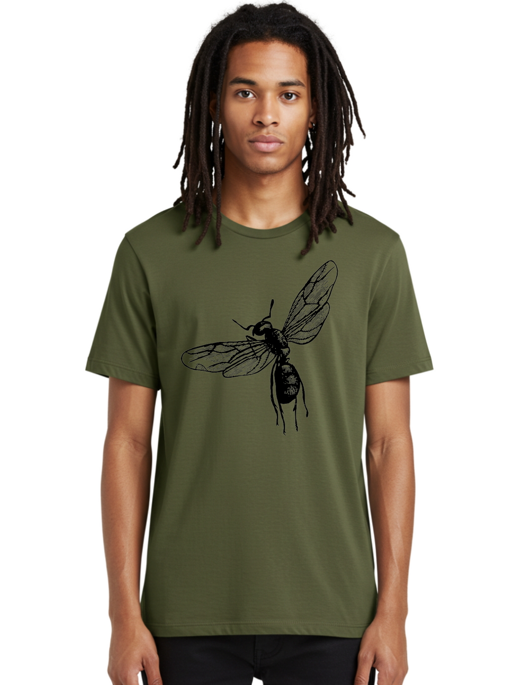 Bee Men'S Graphic Tee, 100% Cotton, Comfortable Casual Summer Wear, Machine Washable, Black Wasp In Flight, Insect Wings, Entomology Illustration, Detailed Drawing, Winged Creature, Insect Art Aab503